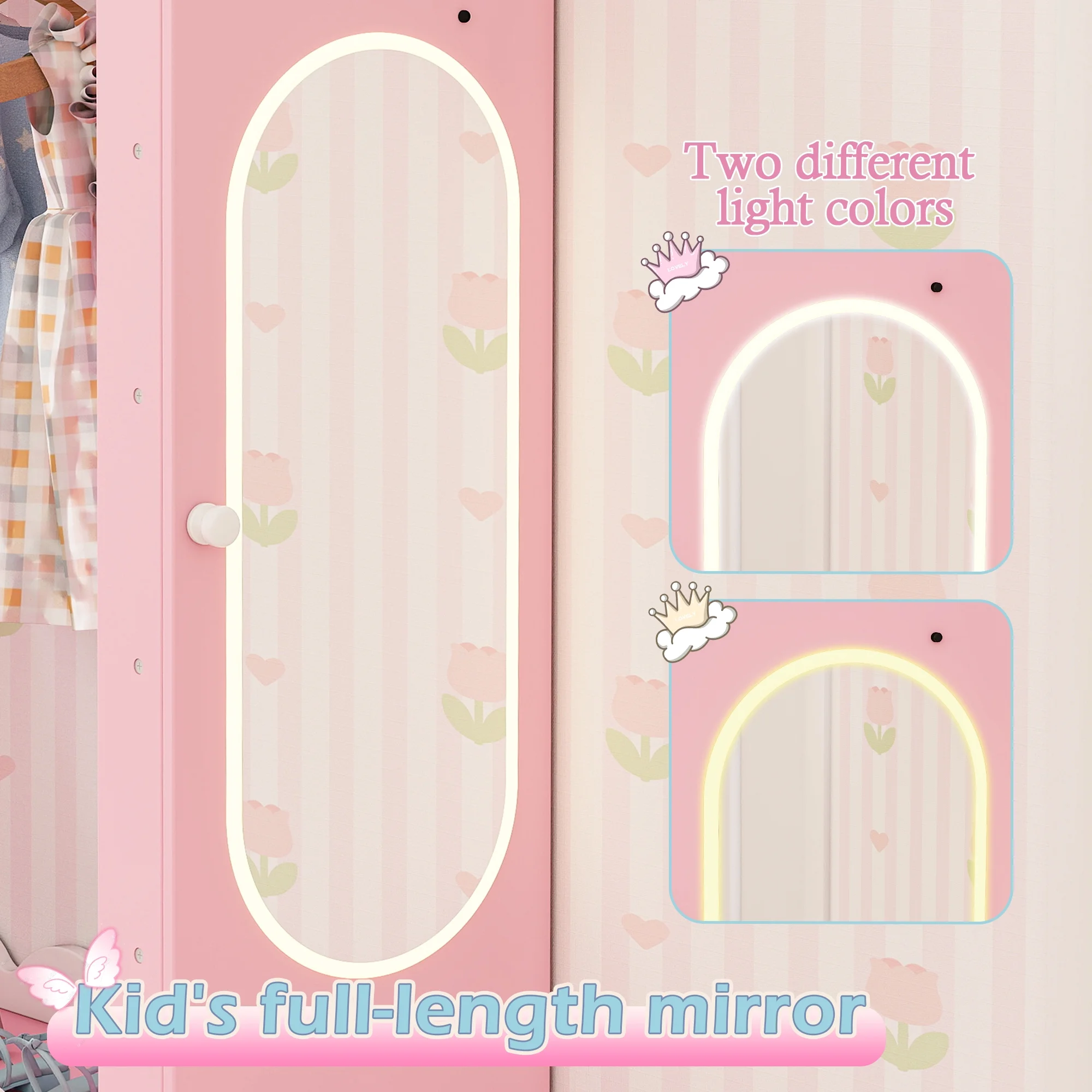 Guqiart Kids Armoire with Jewelry Cabinet, Dress up Storage with Mirror,Princess Dress Closet for Bedroom, Kids Room, Girls
