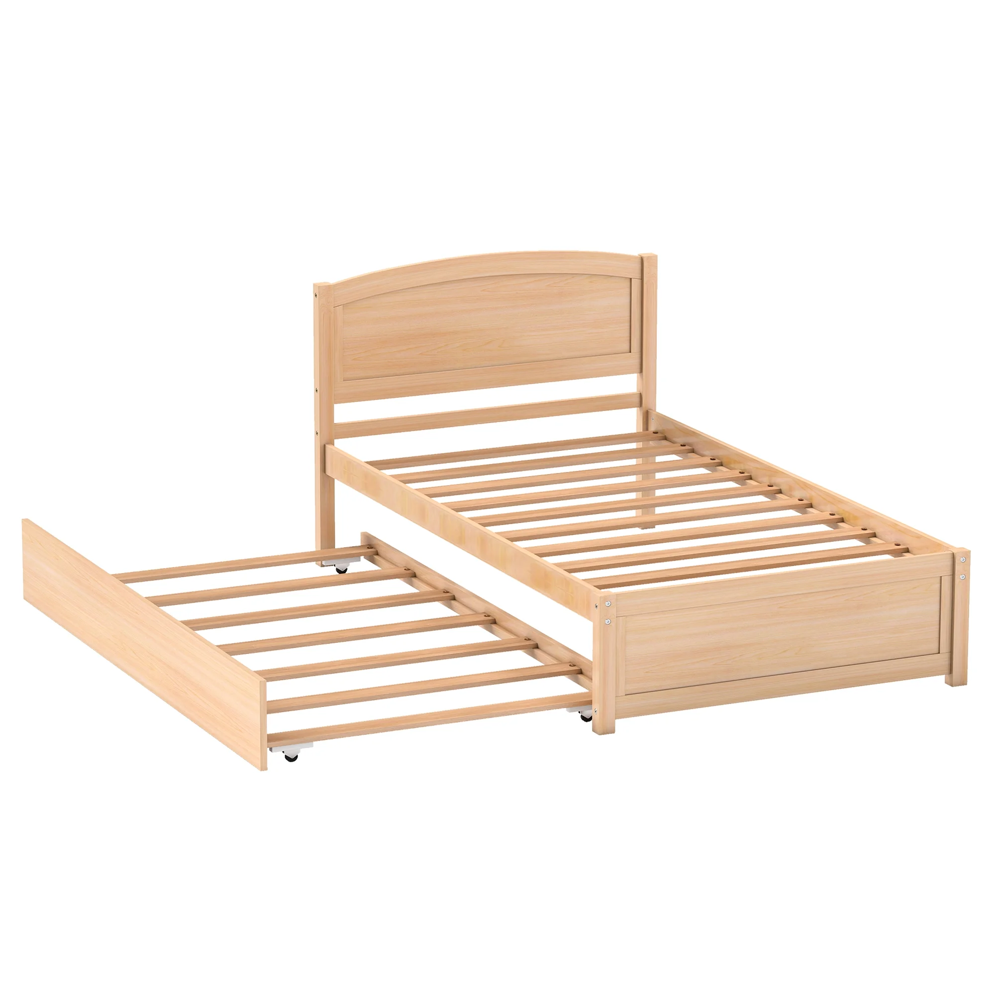 Guqiart Twin Size Trundle Bed Frame, Solid Wood Construction with Headboard, Roll Out Trundle & Wood Slat Support, Single Platform Bed No Box Spring Needed