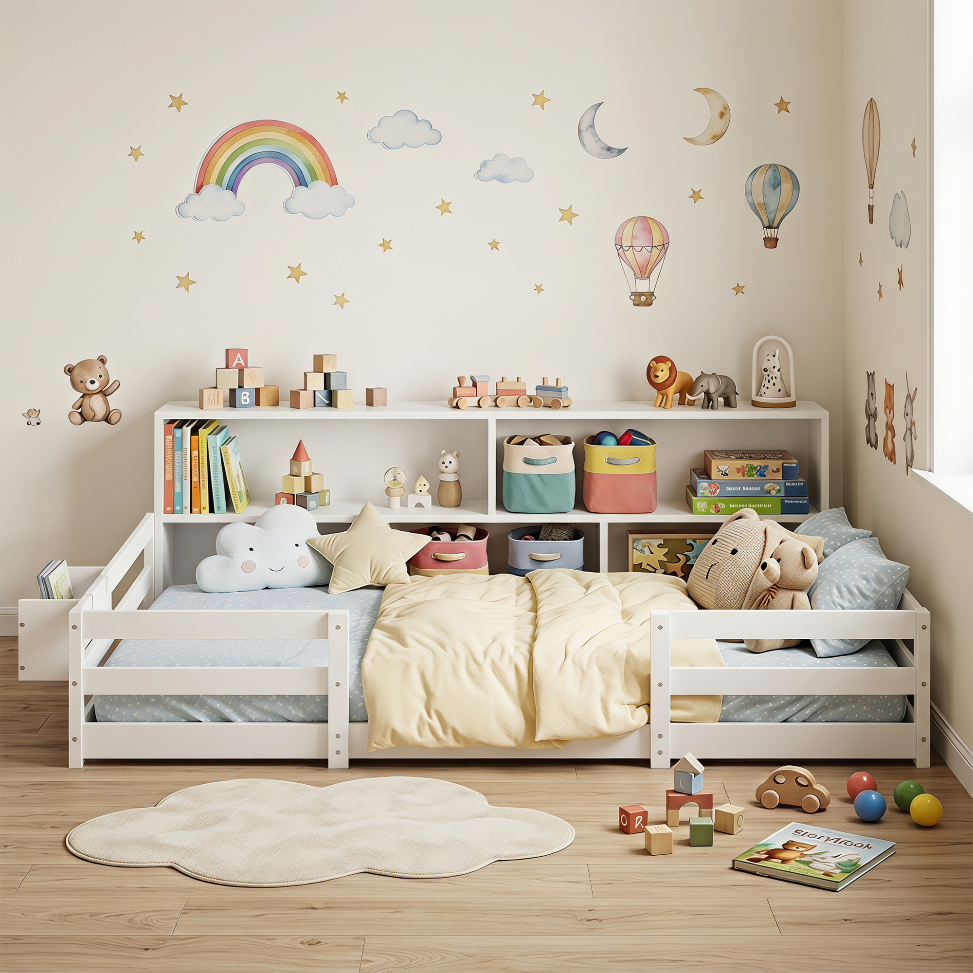 Guqiart Twin Wooden Montessori Floor Bed with Bookcase Storage, Safety Guardrails & Bedside Shelves, 2-in-1 Kids Bed
