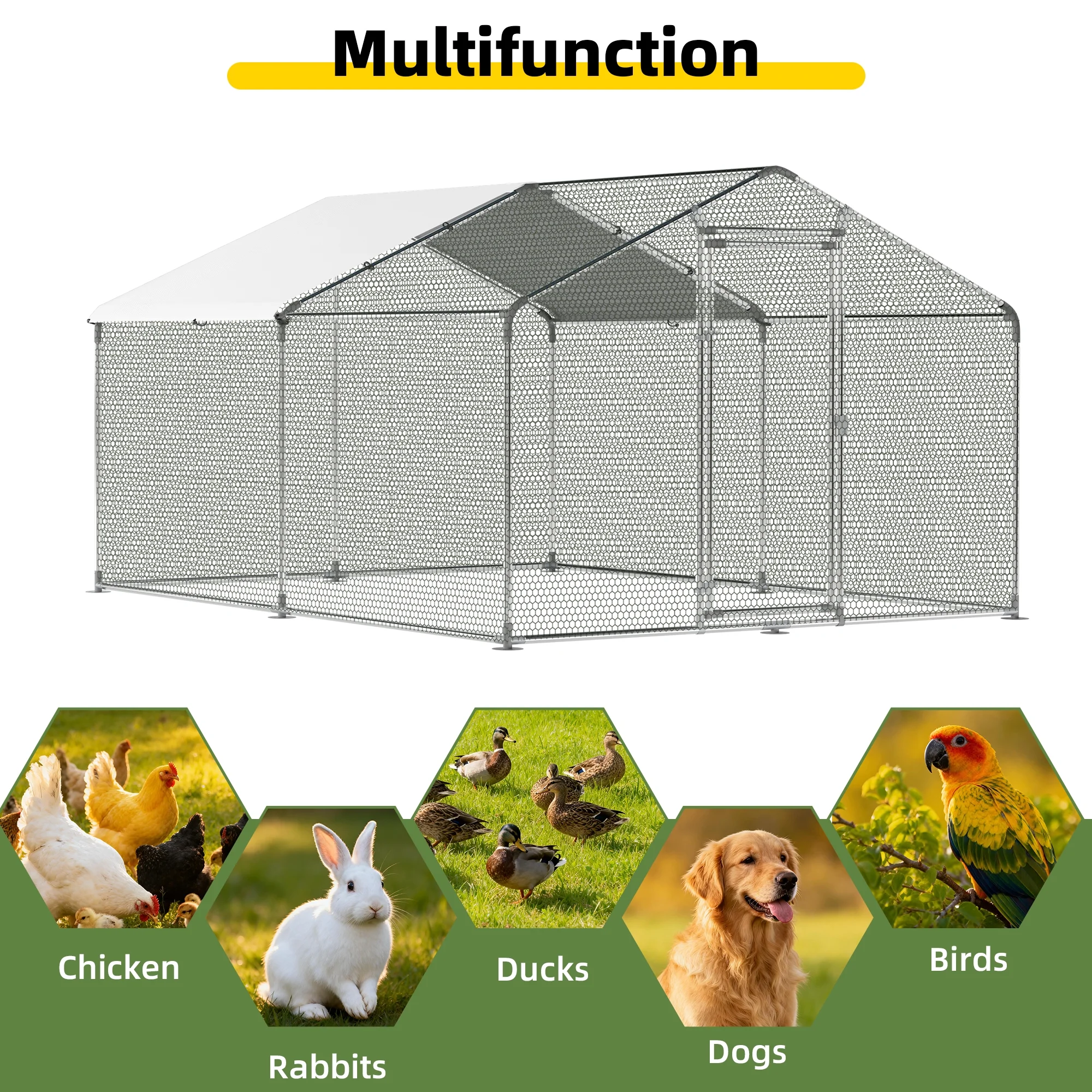 Guqiart Large Metal Chicken Coop, Walk-in Chicken Run with Tri-Supporting Wire Mesh, Waterproof & Anti-UV Cover, Spire Roof Outdoor Cage for Chicken Duck Rabbit, 10’ W x 13’ L x 6.5’ H