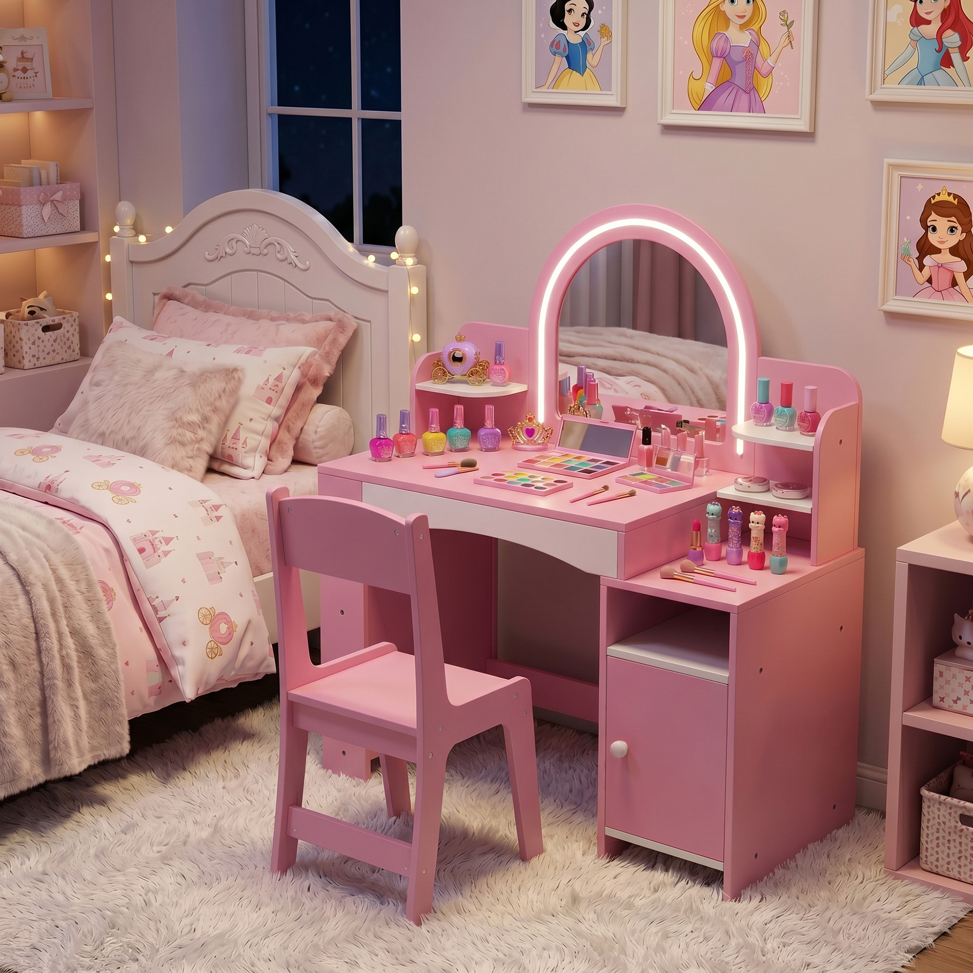 Kids Vanity with Lights, Princess Makeup Vanity Desk with Open Bookshelf, Storage Cabinet