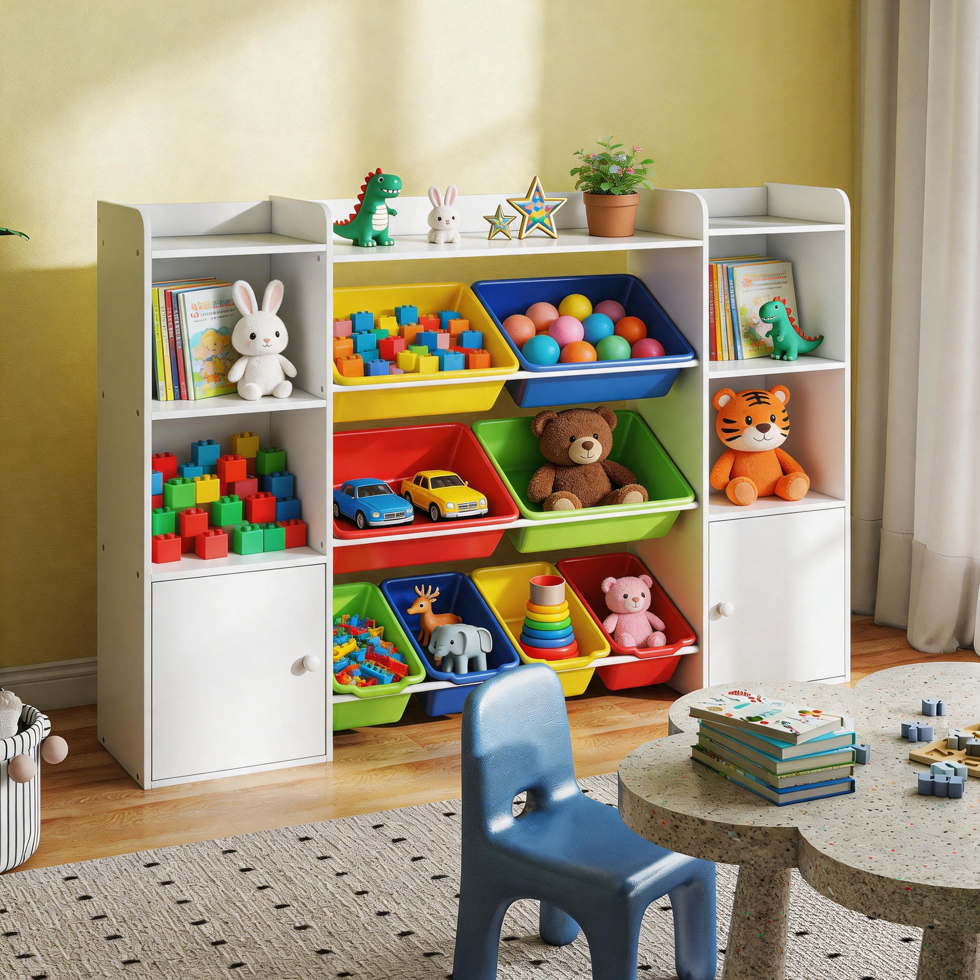 Guqiart Kids Toy Storage Organizer, 4-Tier Bookshelf with 8 Removable Bins and 6 Cubbies for Playroom Bedroom
