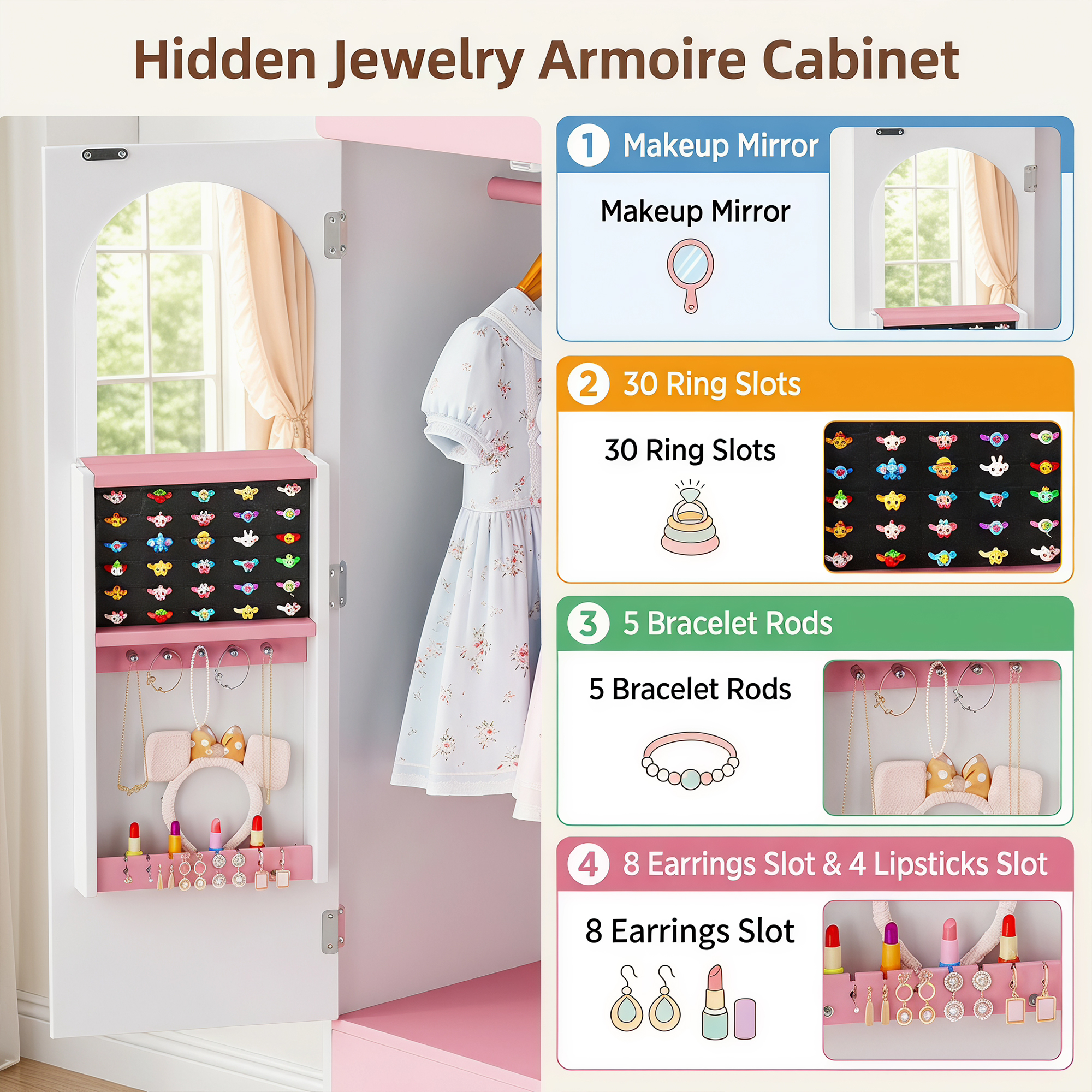 Guqiart Kids Dress Up Armoire Wardrobe for Little Girls, Princess Costume Storage Closet with Mirror, Jewelry Cabinet, Hanging Rack, Shelves & Door, Bedroom Kids Costume Organizer