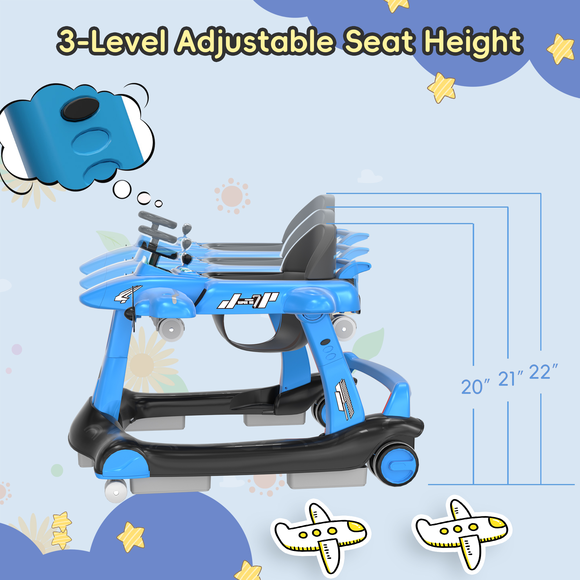 Guqiart 6-in-1 Baby Activity Walker with Wheels, Adjustable Height & Speed, Foldable Padded Seat Push Walker with Music & Lights for Boys Girls 6–18 Months