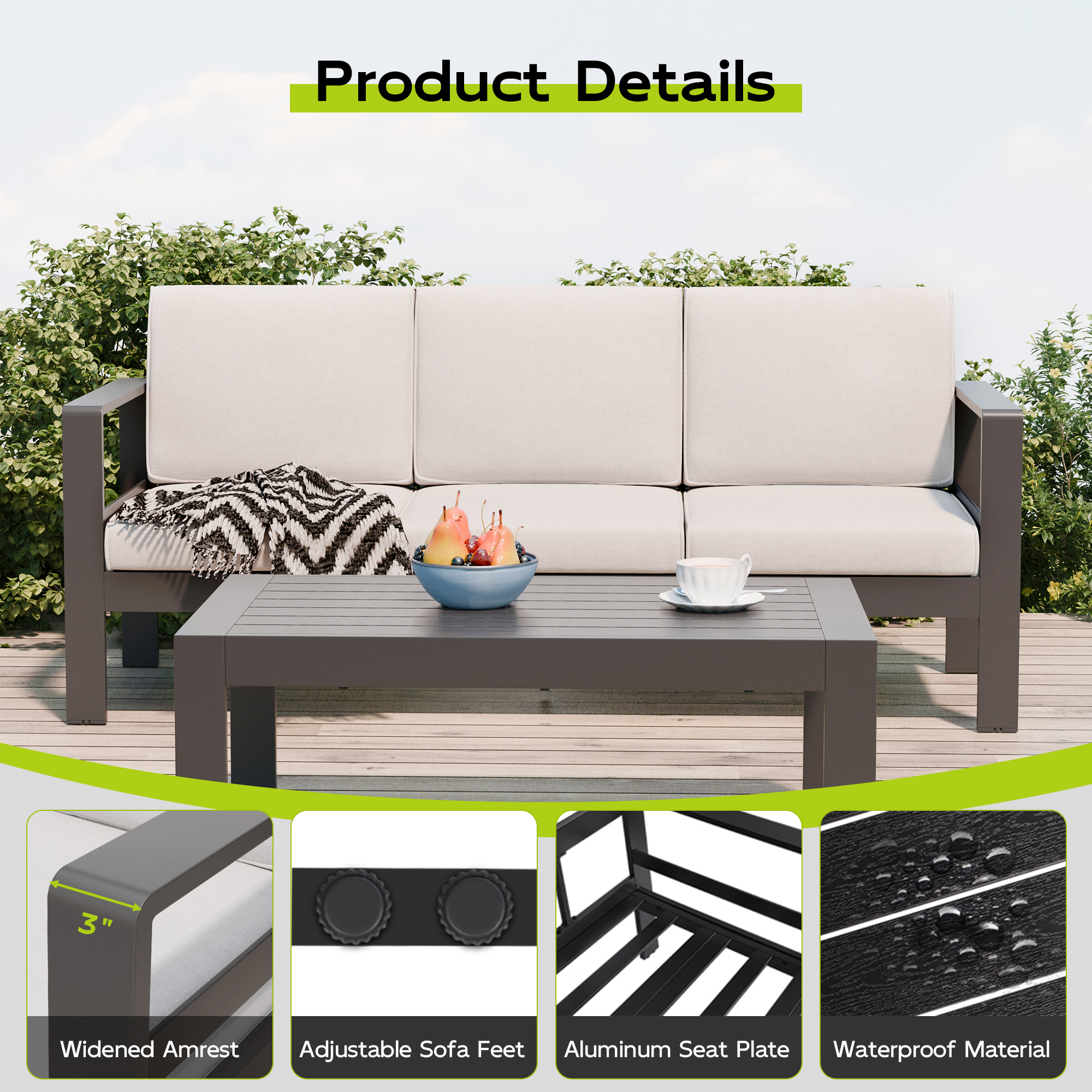 Guqiart Aluminum Patio Conversation Set,5 Pieces All Weather Outdoor Metal Modern Oversized Sectional Sofa Couch Outdoor Furniture for Backyard,Porch,Garden,Balcony,Deck