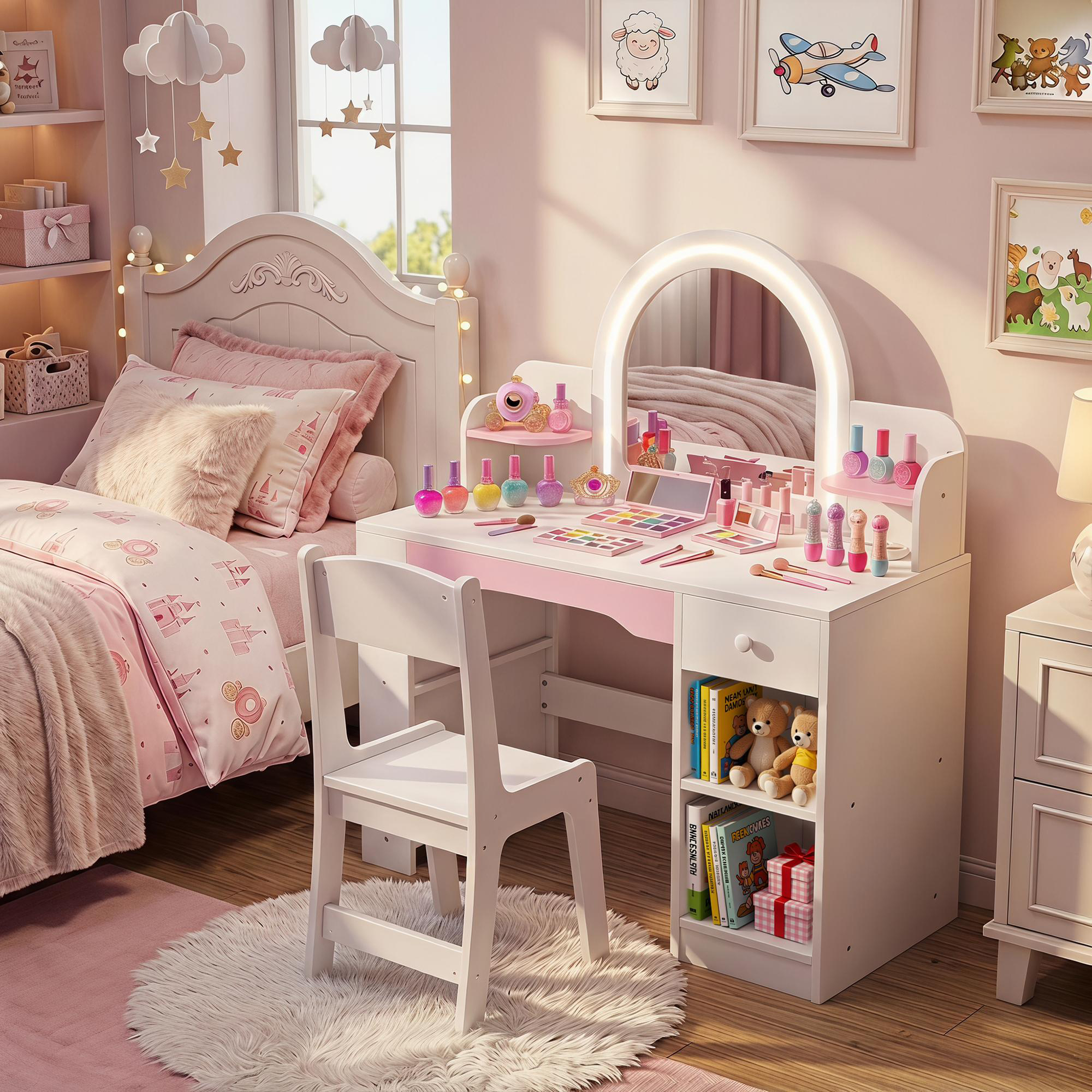 Guqiart Kids Vanity Set with Lighted Mirror and Stool, White