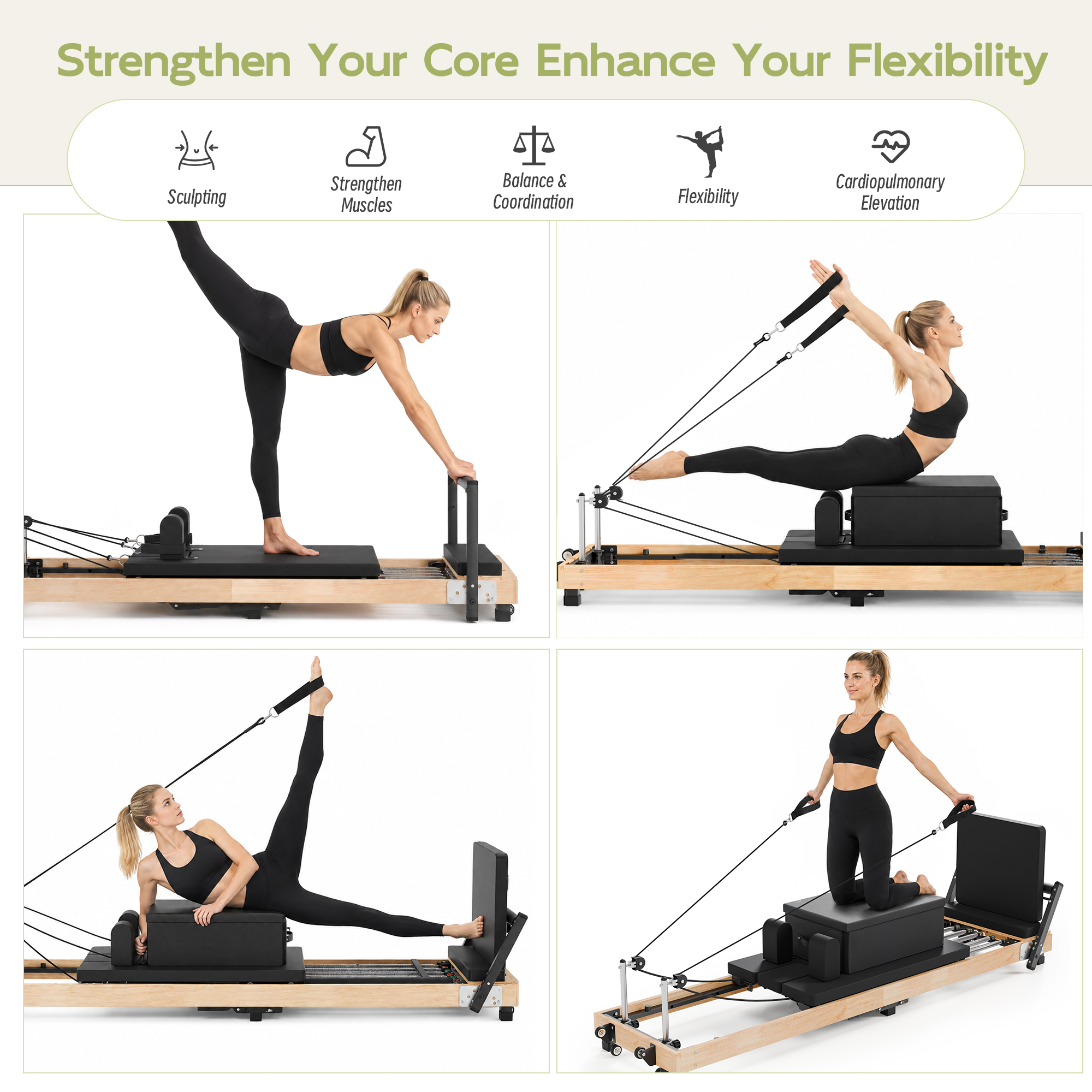 Guqiart Solid Rubberwood Pilates Reformer, 91 Inch with 5 Springs, Foldable