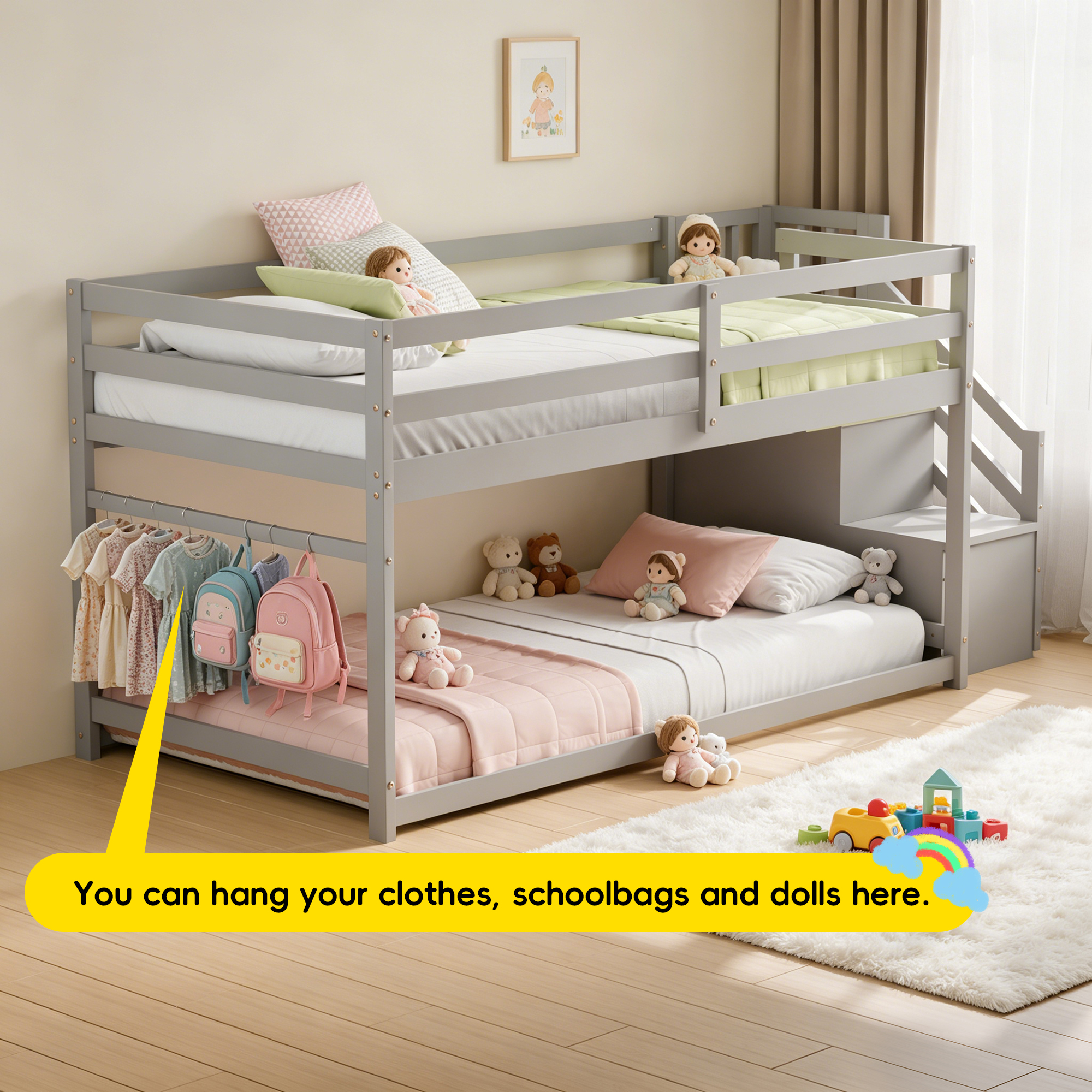 Guqiart Twin Over Twin Low Wooden Bunk Bed with Storage Stairs, Safety Guardrails & Hanging Bar, Bunk Bed Frame for Kids Boys Girls Juniors