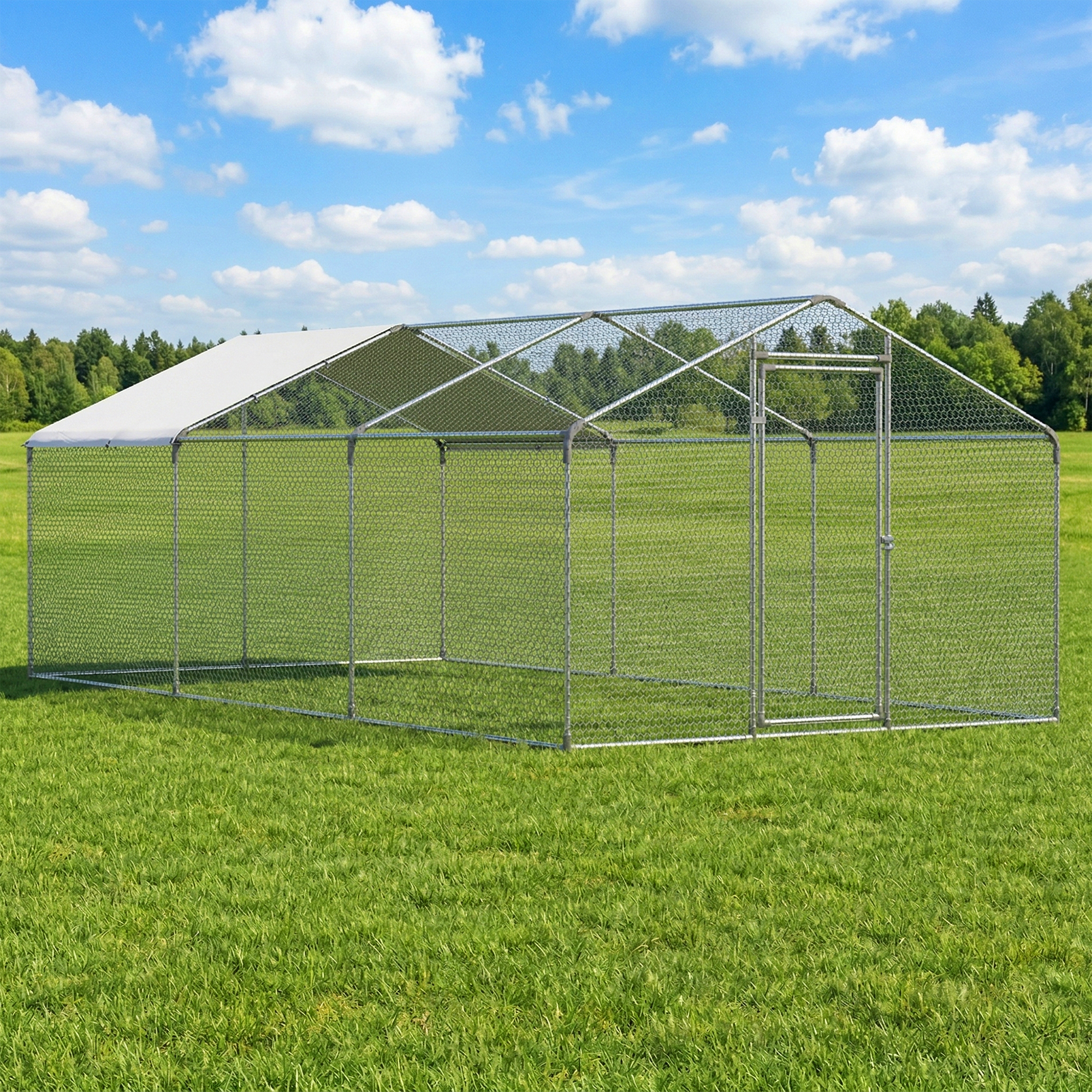 Guqiart Large Metal Chicken Coop, Walk-in Chicken Run with Tri-Supporting Wire Mesh, Waterproof & Anti-UV Cover, Spire Roof Outdoor Cage for Chicken Duck Rabbit, 10’ W x 13’ L x 6.5’ H