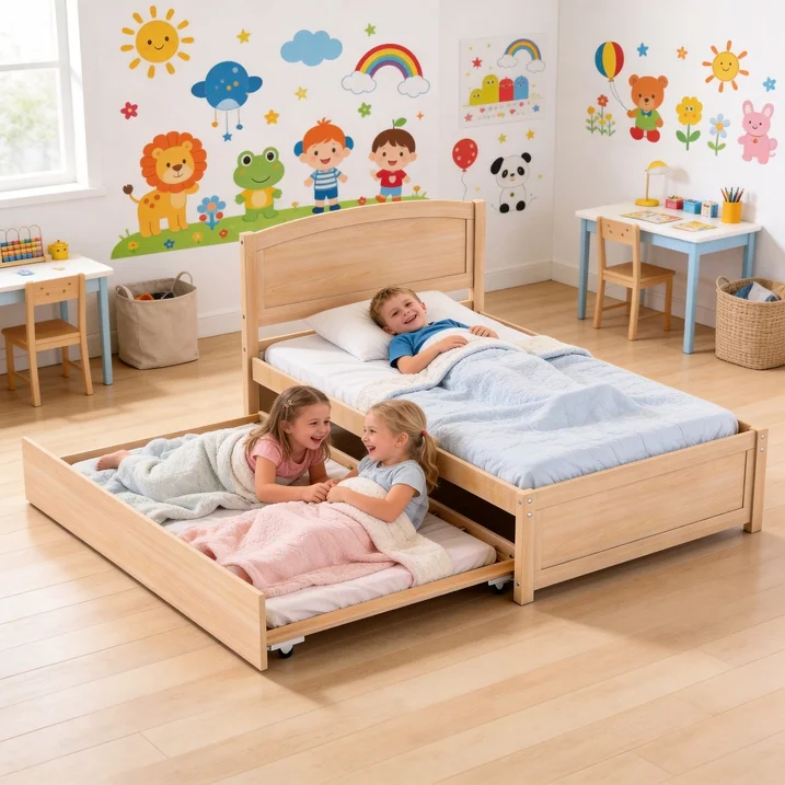 Guqiart Twin Size Trundle Bed Frame, Solid Wood Construction with Headboard, Roll Out Trundle & Wood Slat Support, Single Platform Bed No Box Spring Needed