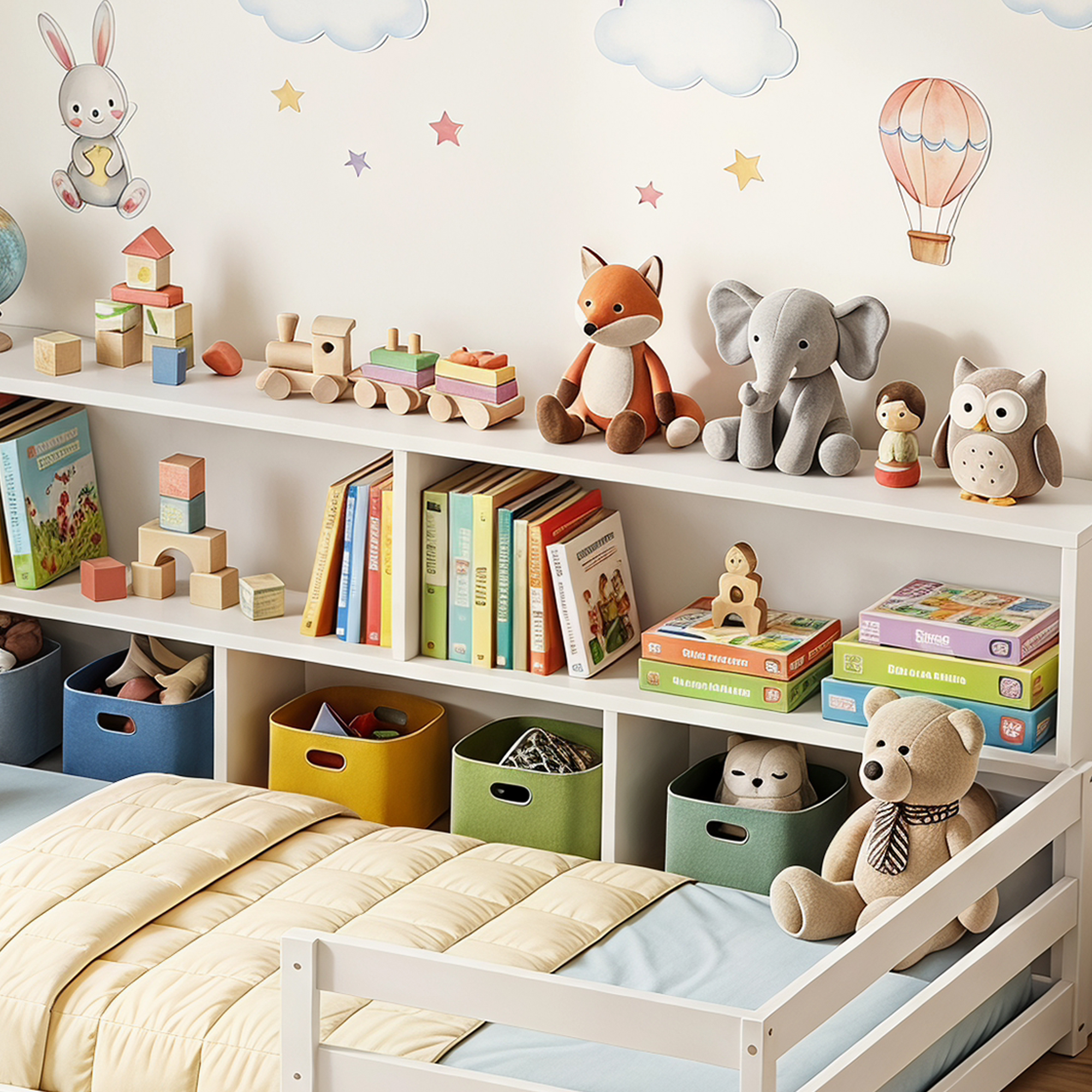 Guqiart Twin Wooden Montessori Floor Bed with Bookcase Storage, Safety Guardrails & Bedside Shelves, 2-in-1 Kids Bed