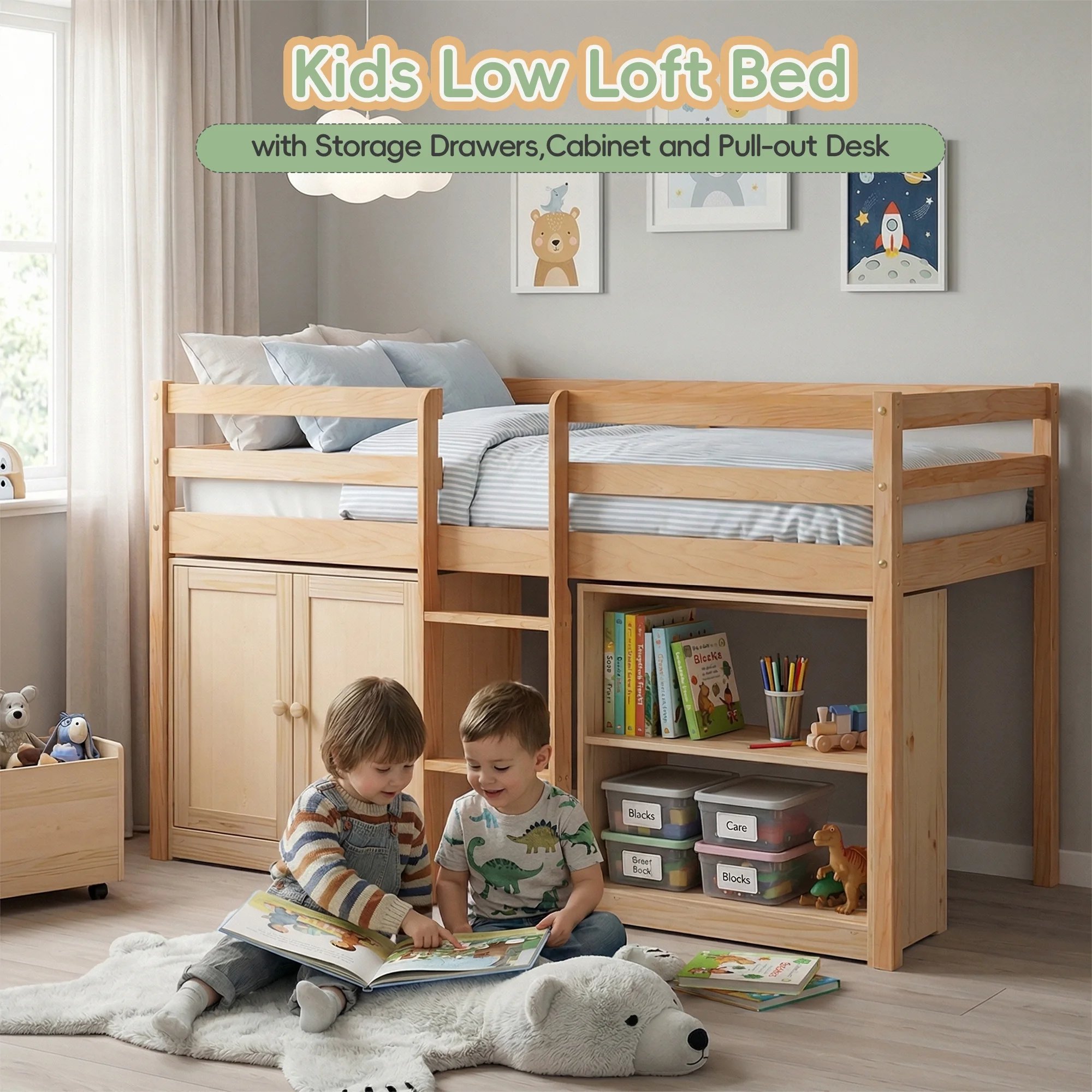 Guqiart Twin Low Loft Bed for Kids with Lights, Modern Toddler Loft Bed for Boys Girls,Safety Guardrail, Bookcase Storage & Play Space
