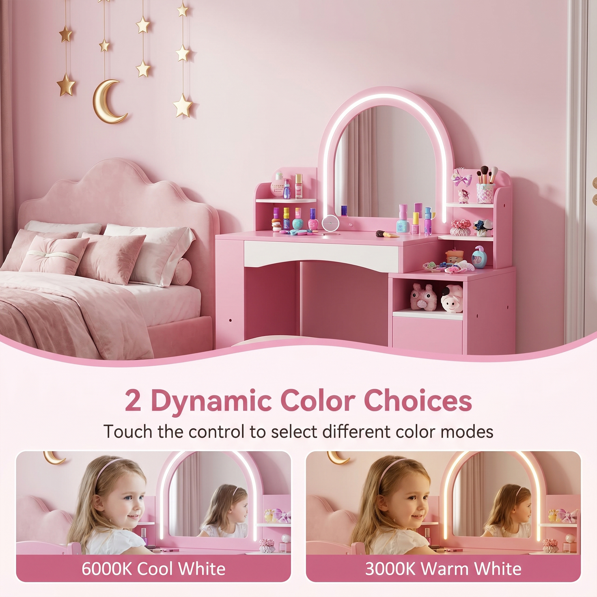 Kids Vanity with Lights, Princess Makeup Vanity Desk with Open Bookshelf, Storage Cabinet