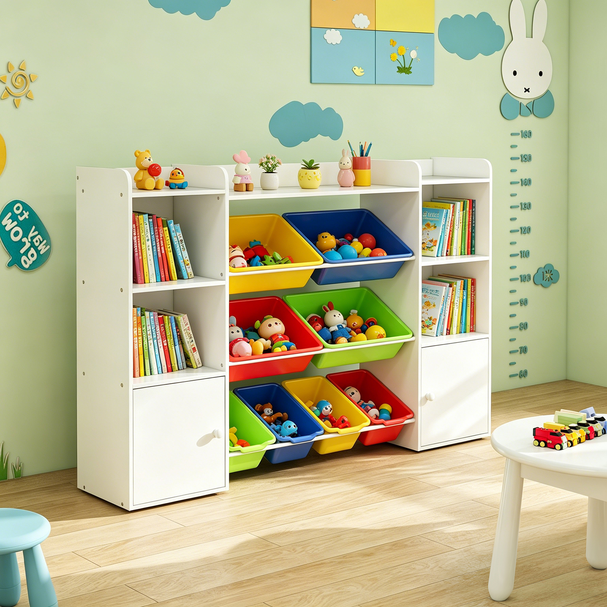 Guqiart Kids Toy Storage Organizer, 4-Tier Bookshelf with 8 Removable Bins and 6 Cubbies for Playroom Bedroom