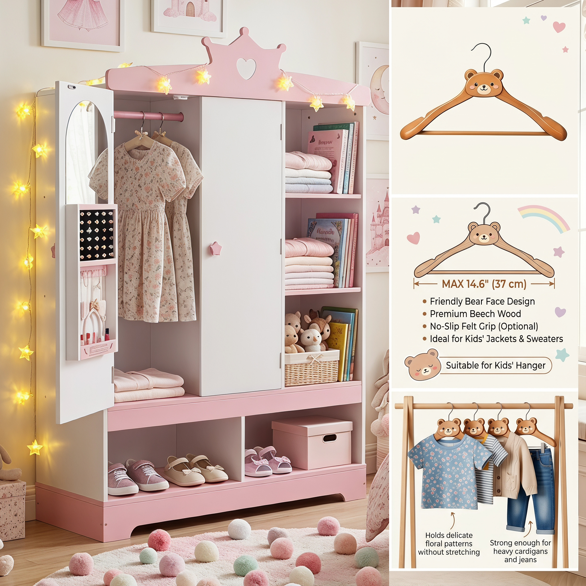 Guqiart Kids Dress Up Armoire Wardrobe for Little Girls, Princess Costume Storage Closet with Mirror, Jewelry Cabinet, Hanging Rack, Shelves & Door, Bedroom Kids Costume Organizer