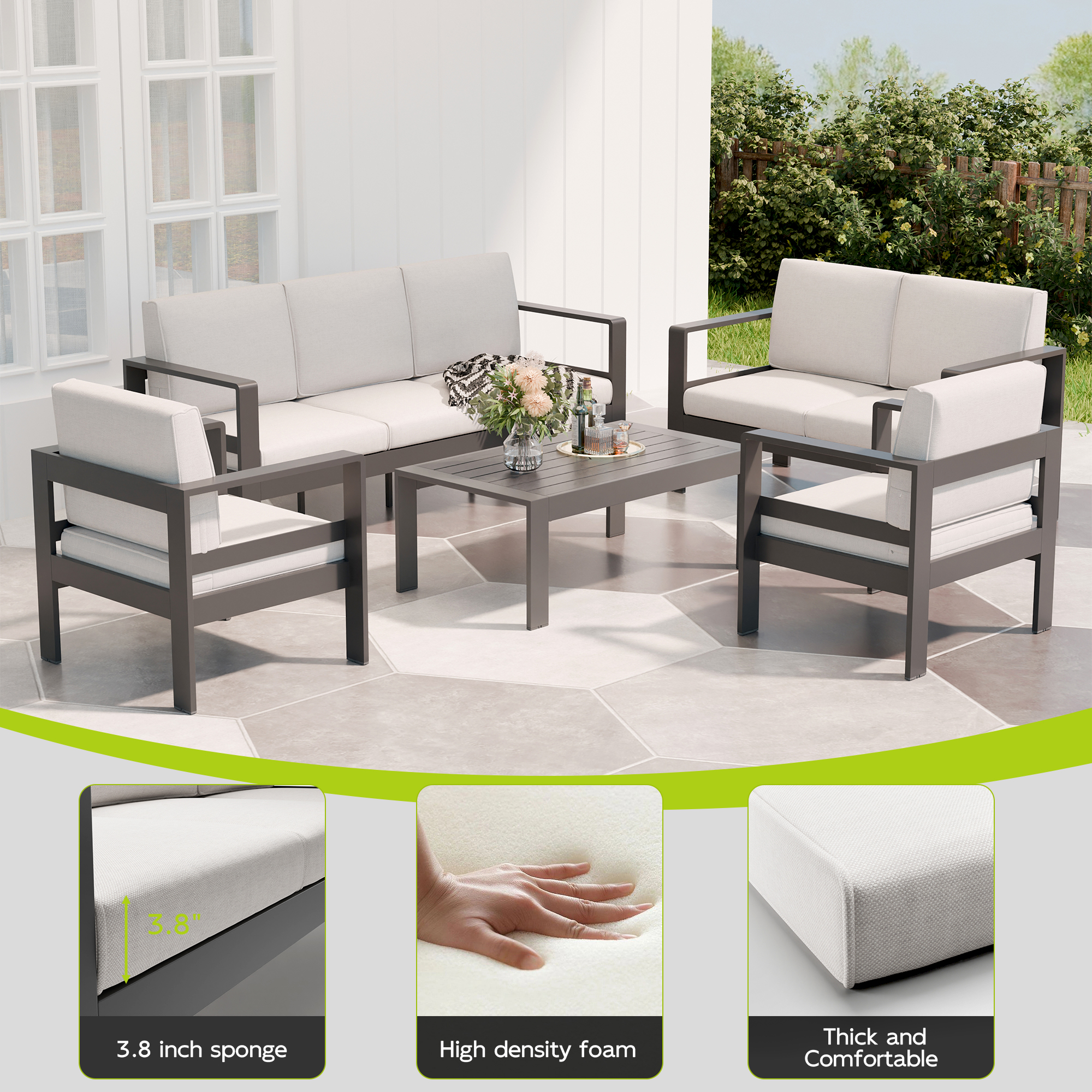 Guqiart Aluminum Patio Conversation Set,5 Pieces All Weather Outdoor Metal Modern Oversized Sectional Sofa Couch Outdoor Furniture for Backyard,Porch,Garden,Balcony,Deck