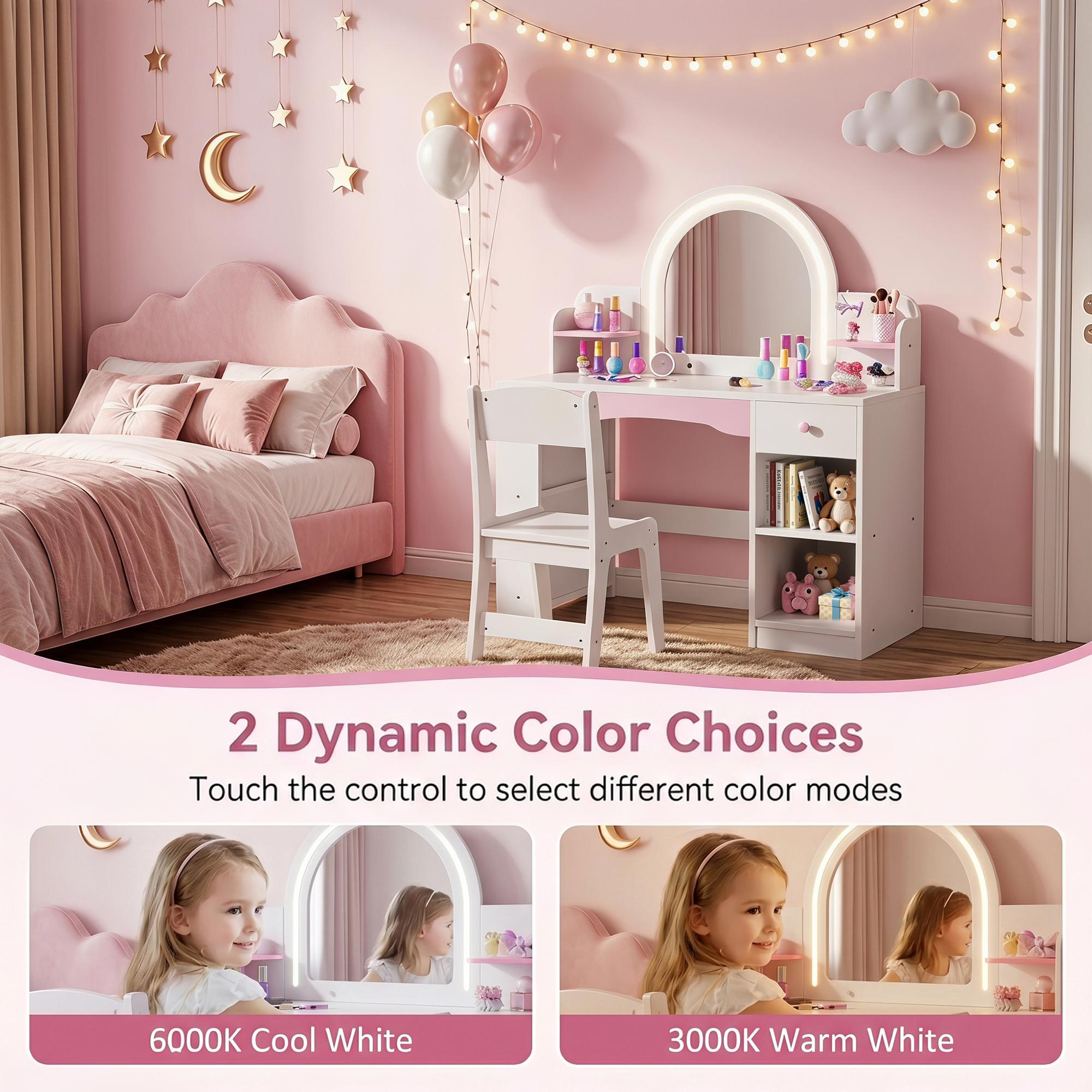 Guqiart Kids Vanity Set with Lighted Mirror and Stool, White