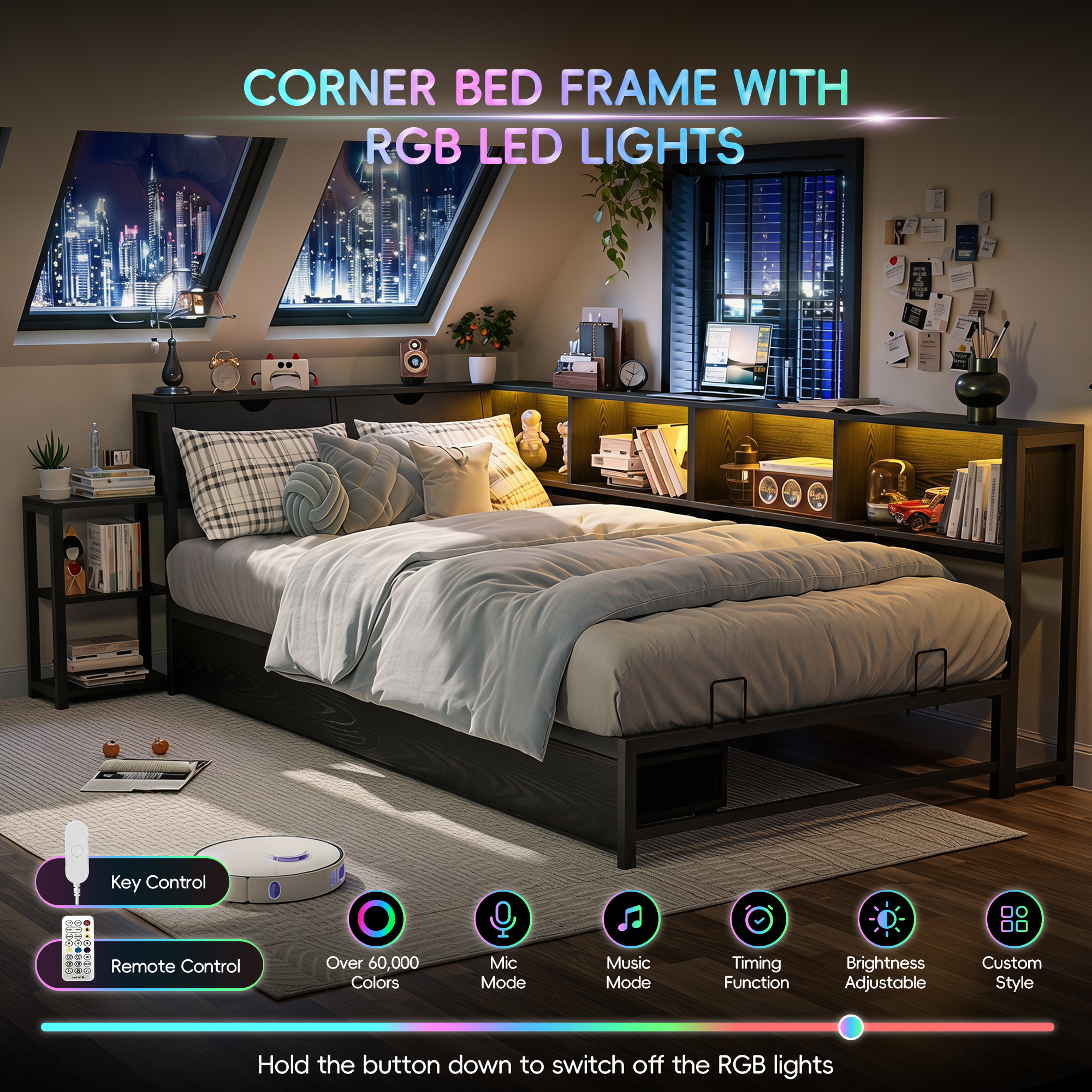 Guqiart Twin Corner RGB LED Lights Metal Daybed,Twin Size Metal Platform Bed Frame with Drawers