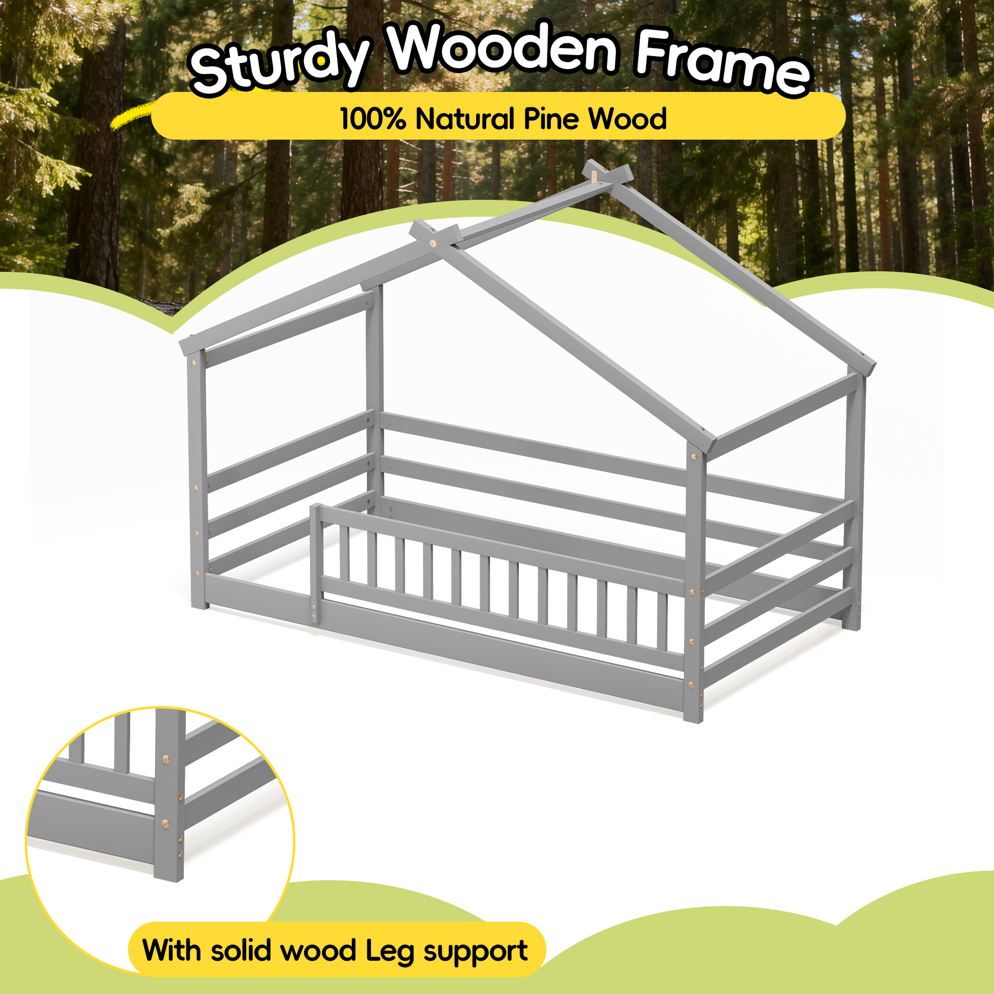 Guqiart Twin Size Wooden Floor Bed Frame with Safety Fence - Low Montessori Bed for Kids, No Box Spring Required