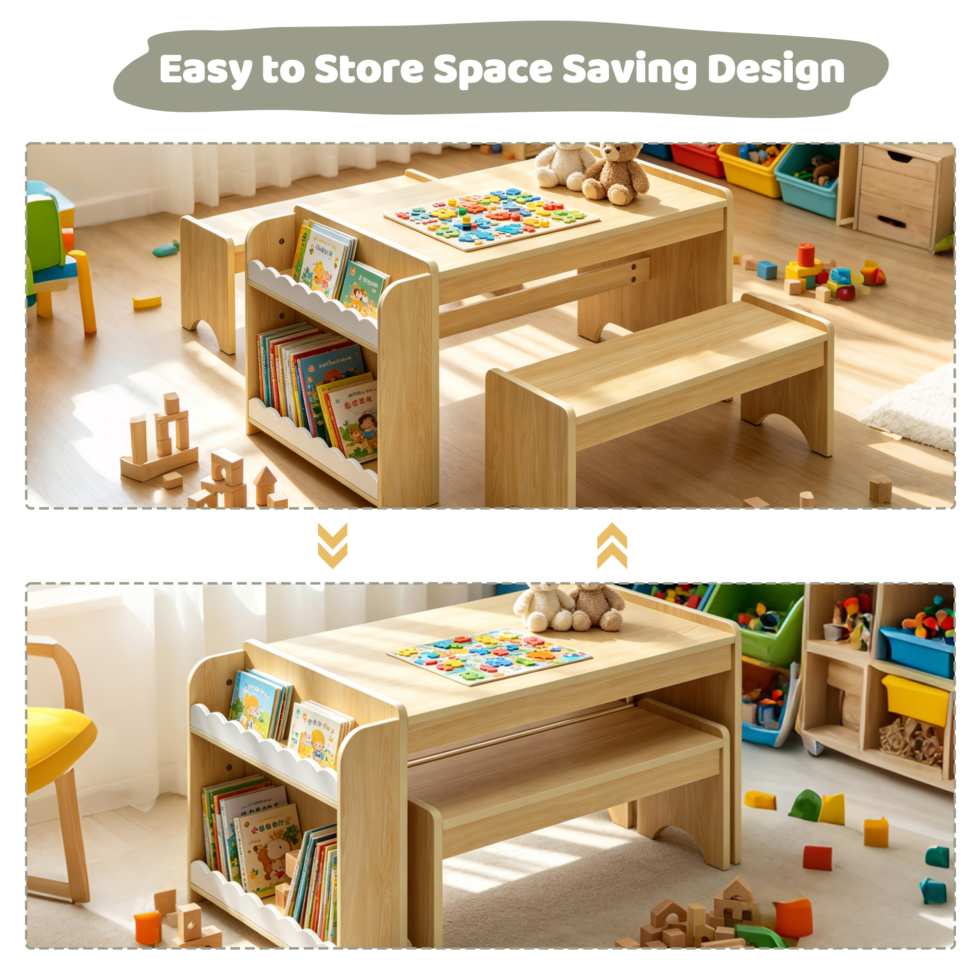 Kids Activity Table and Chair Set, Kids Table and Bench Set,With Storage, for Home, Classroom, Boys, Girls