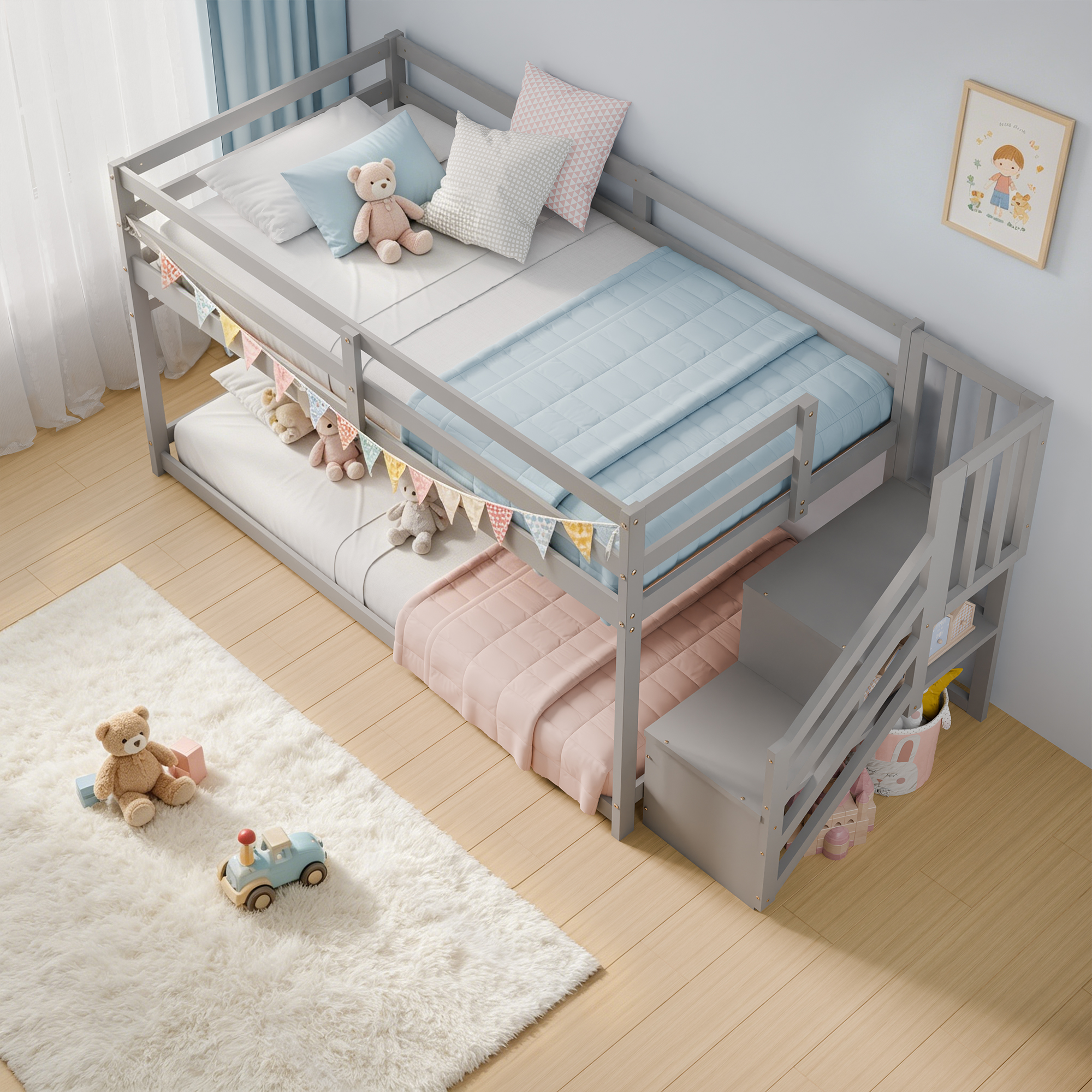 Guqiart Twin Over Twin Low Wooden Bunk Bed with Storage Stairs, Safety Guardrails & Hanging Bar, Bunk Bed Frame for Kids Boys Girls Juniors