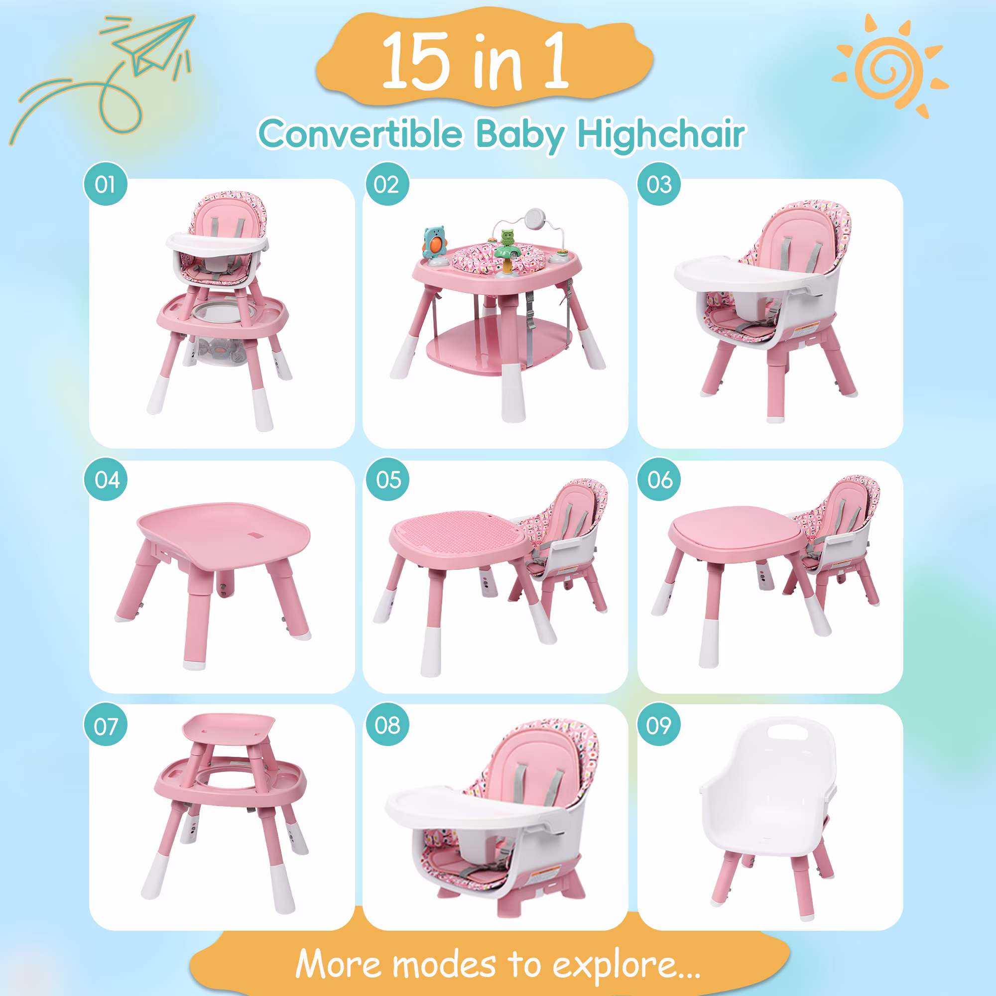 Guqiart 15-in-1 Portable Baby High Chair, Convertible High Chair for Babies and Toddlers