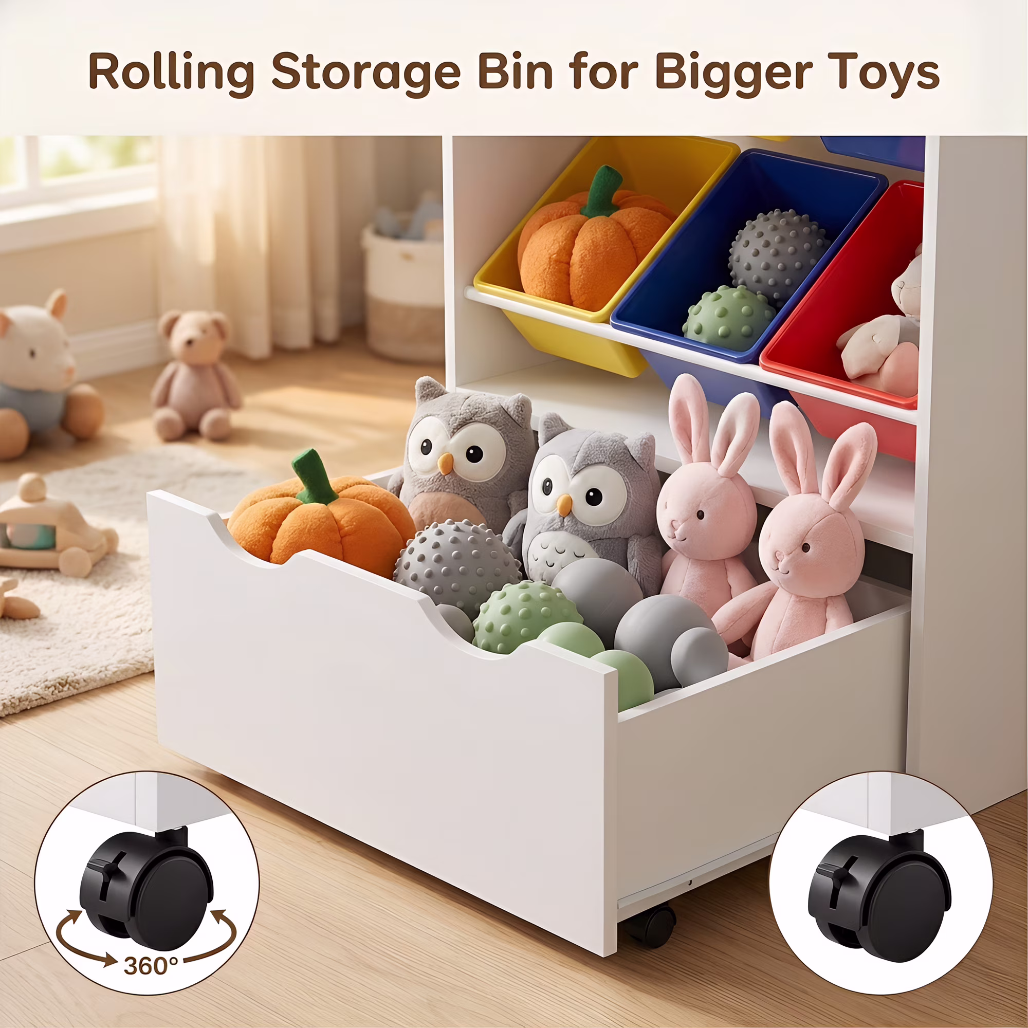 Guqiart Kids Bookshelf Reading Nook Storage Bench Toy Organizer Montessori With Movable Drawer and 6 Removable Bins Colorful Toy Bins 73 Inch