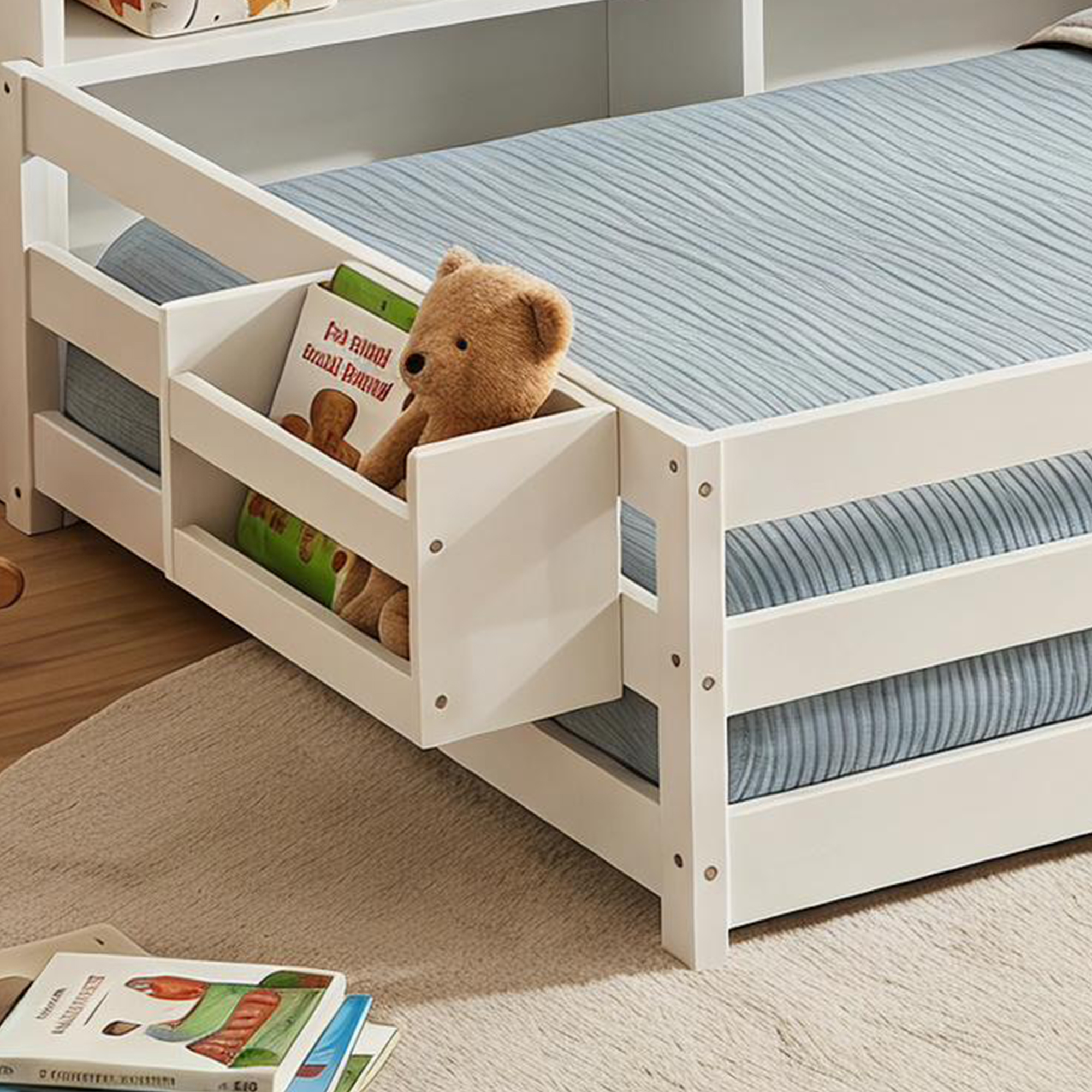 Guqiart Twin Wooden Montessori Floor Bed with Bookcase Storage, Safety Guardrails & Bedside Shelves, 2-in-1 Kids Bed