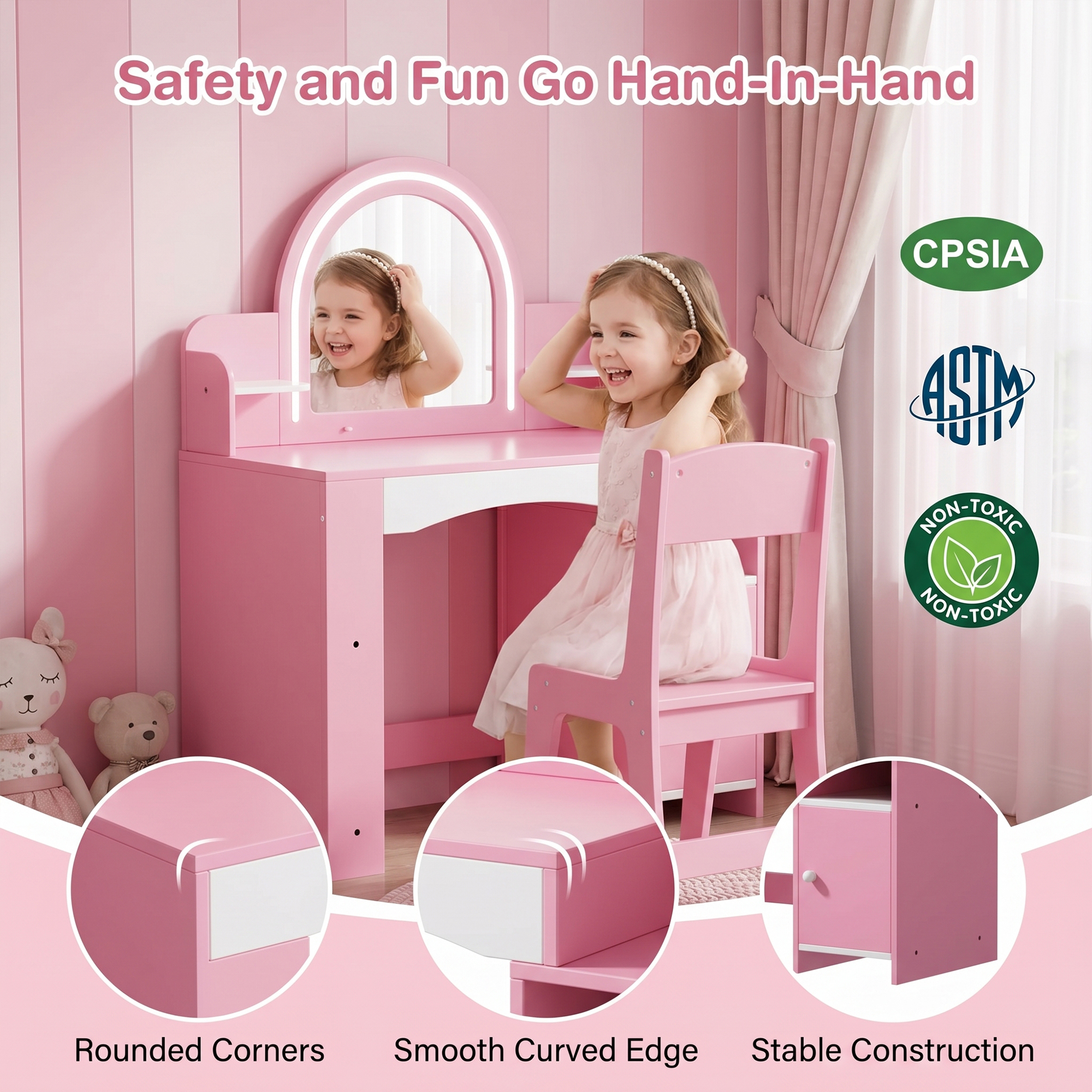 Kids Vanity with Lights, Princess Makeup Vanity Desk with Open Bookshelf, Storage Cabinet