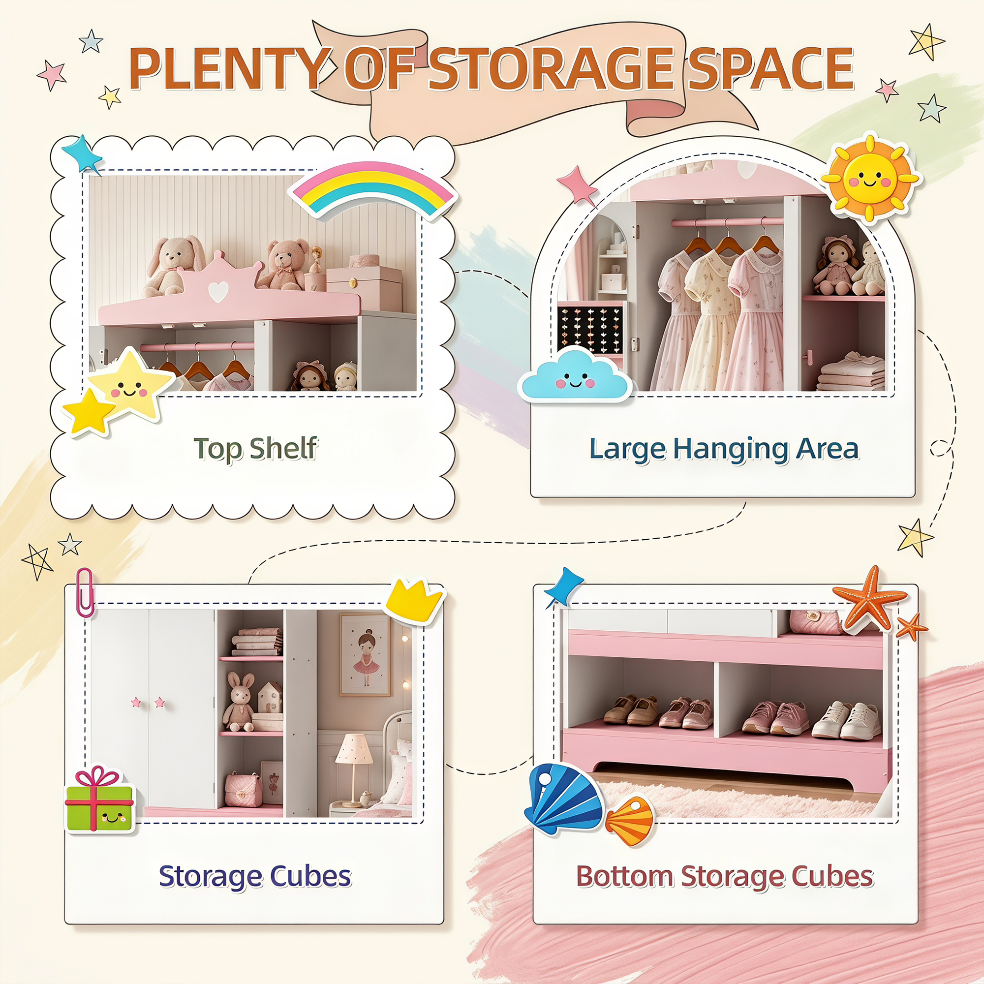Guqiart Kids Dress Up Armoire Wardrobe for Little Girls, Princess Costume Storage Closet with Mirror, Jewelry Cabinet, Hanging Rack, Shelves & Door, Bedroom Kids Costume Organizer