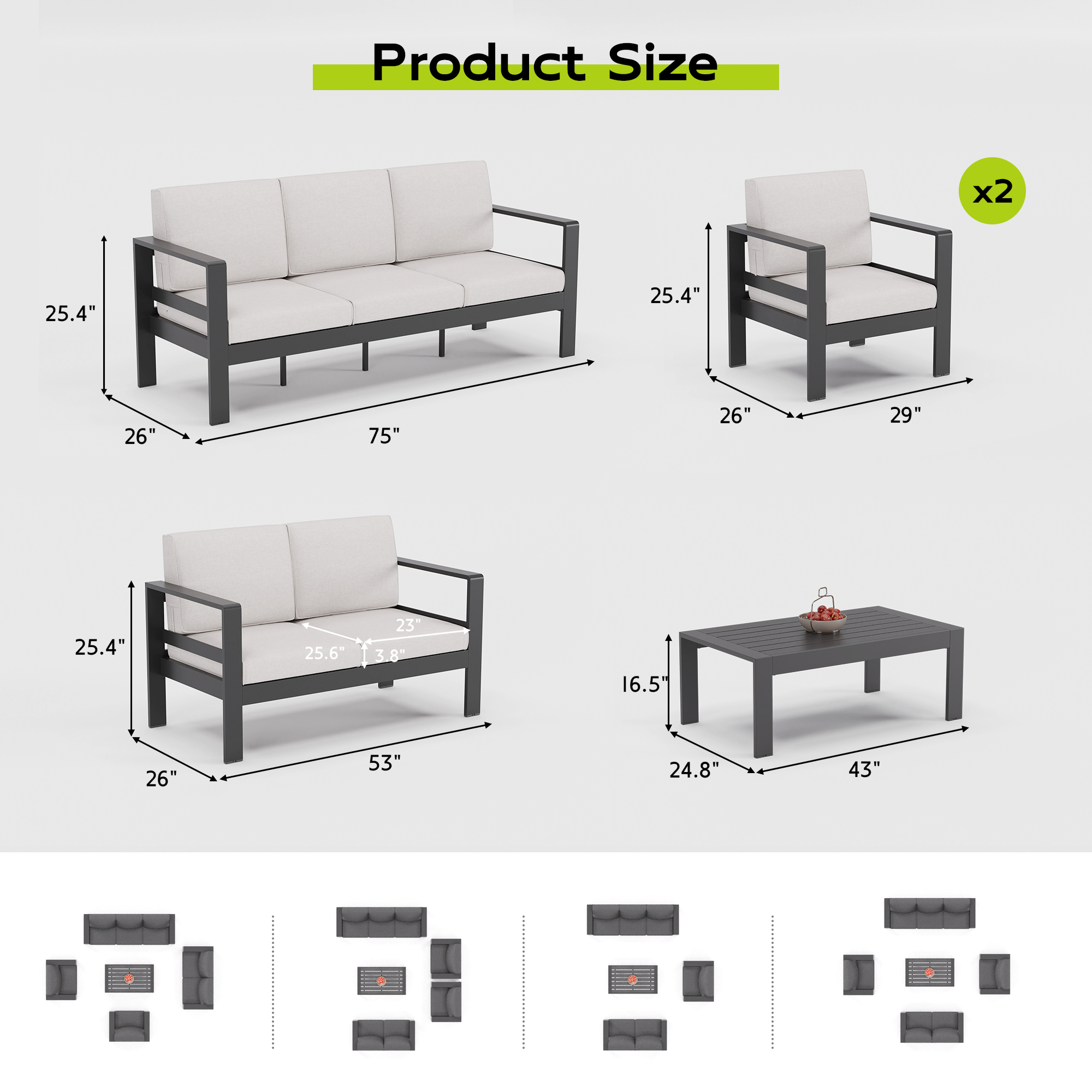 Guqiart Aluminum Patio Conversation Set,5 Pieces All Weather Outdoor Metal Modern Oversized Sectional Sofa Couch Outdoor Furniture for Backyard,Porch,Garden,Balcony,Deck