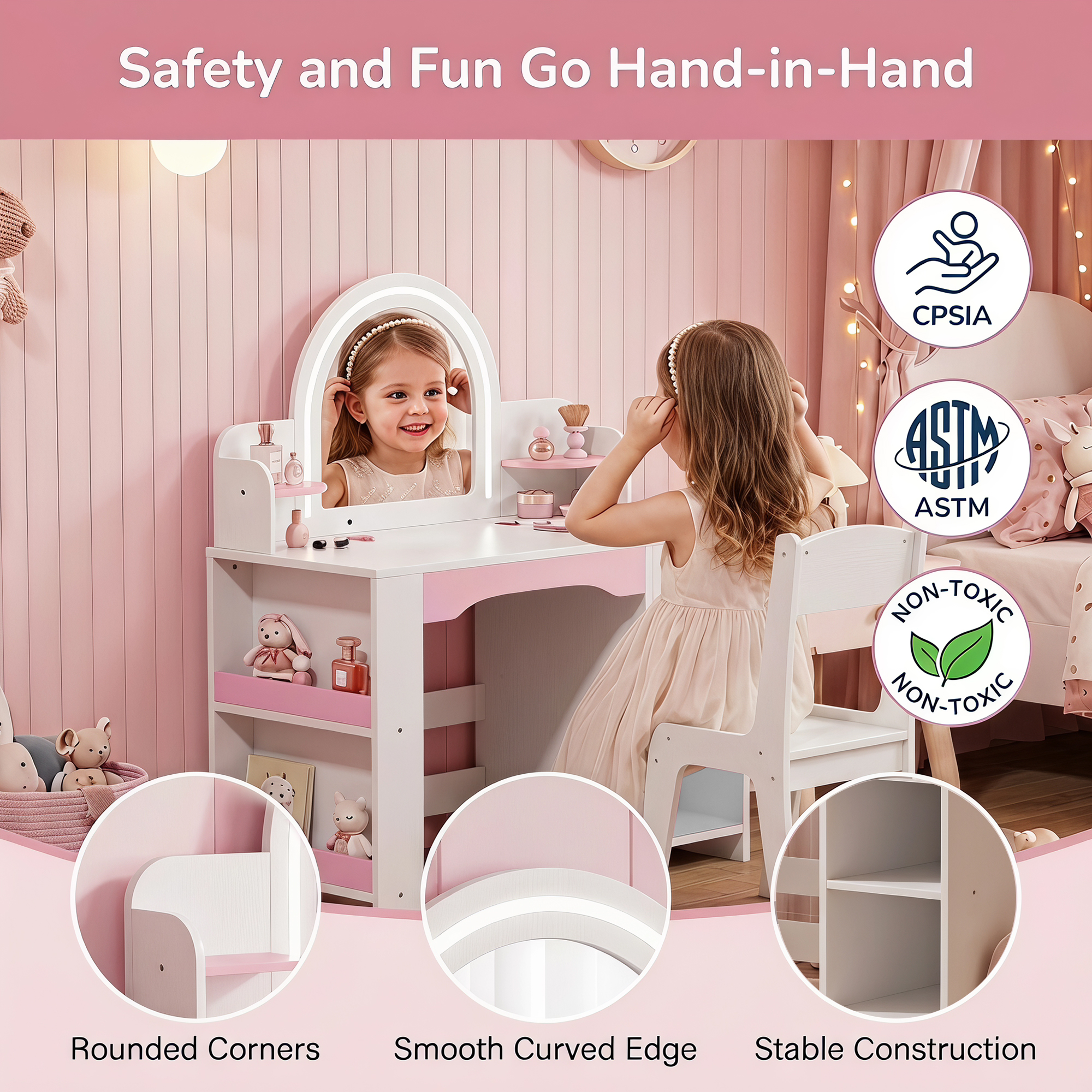 Guqiart Kids Vanity Set with Lighted Mirror and Stool, White
