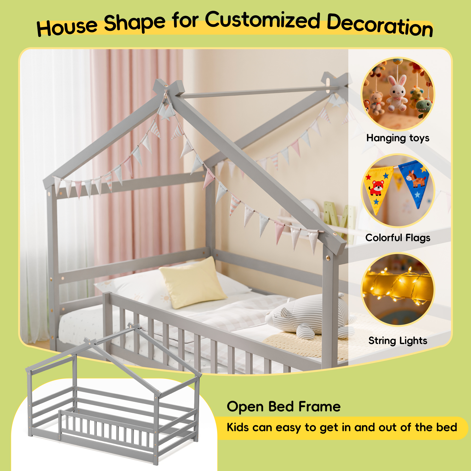 Guqiart Twin Size Wooden Floor Bed Frame with Safety Fence - Low Montessori Bed for Kids, No Box Spring Required