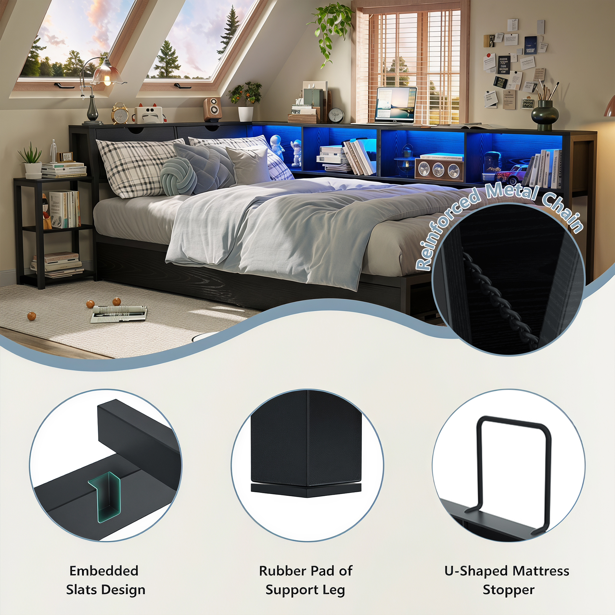 Guqiart Twin Corner RGB LED Lights Metal Daybed,Twin Size Metal Platform Bed Frame with Drawers
