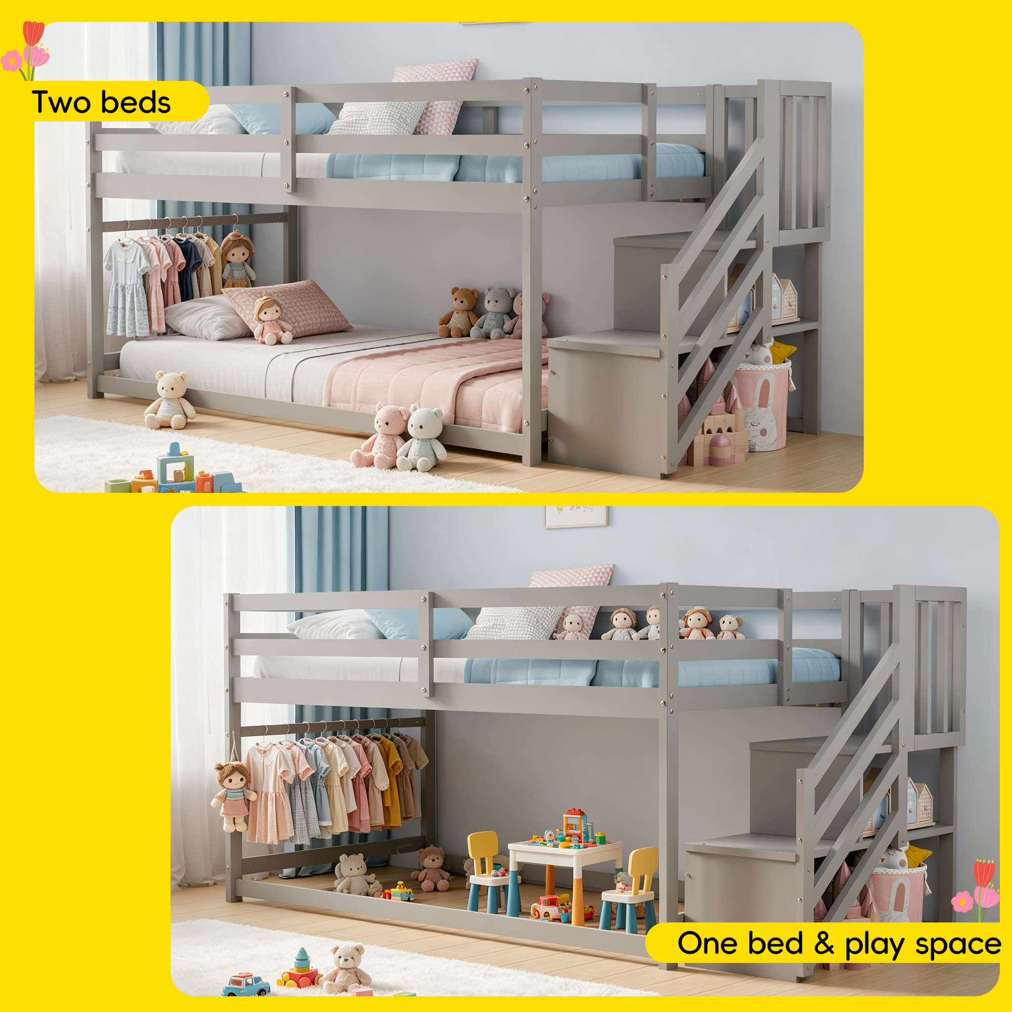 Guqiart Twin Over Twin Low Wooden Bunk Bed with Storage Stairs, Safety Guardrails & Hanging Bar, Bunk Bed Frame for Kids Boys Girls Juniors