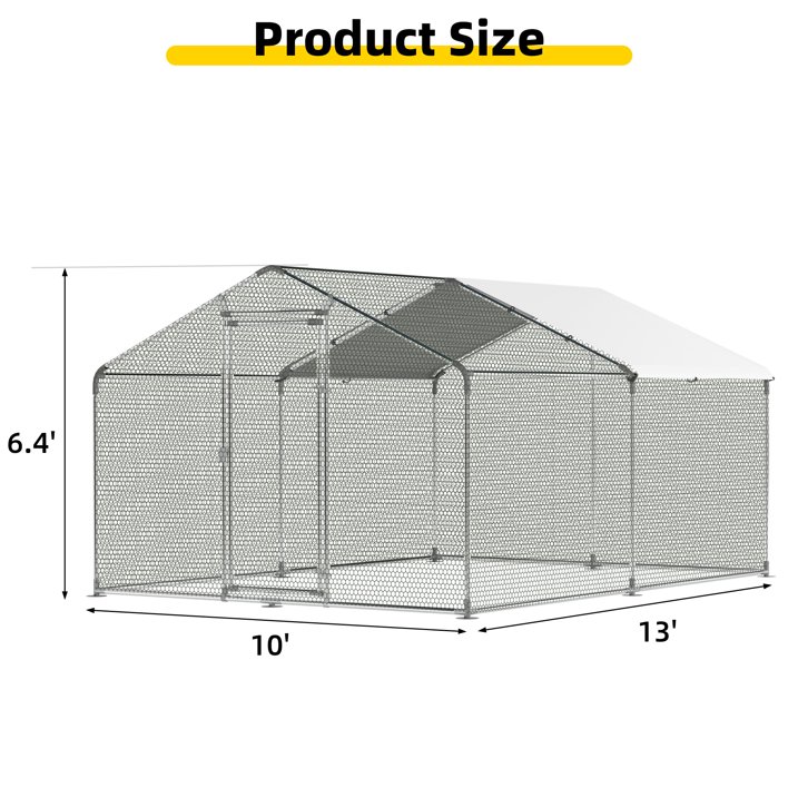 Guqiart Large Metal Chicken Coop, Walk-in Chicken Run with Tri-Supporting Wire Mesh, Waterproof & Anti-UV Cover, Spire Roof Outdoor Cage for Chicken Duck Rabbit, 10’ W x 13’ L x 6.5’ H