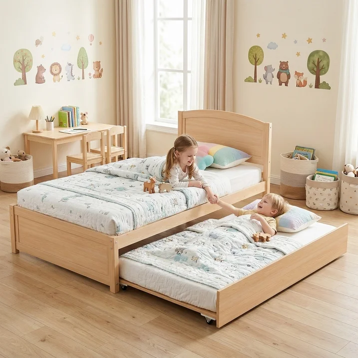 Guqiart Twin Size Trundle Bed Frame, Solid Wood Construction with Headboard, Roll Out Trundle & Wood Slat Support, Single Platform Bed No Box Spring Needed