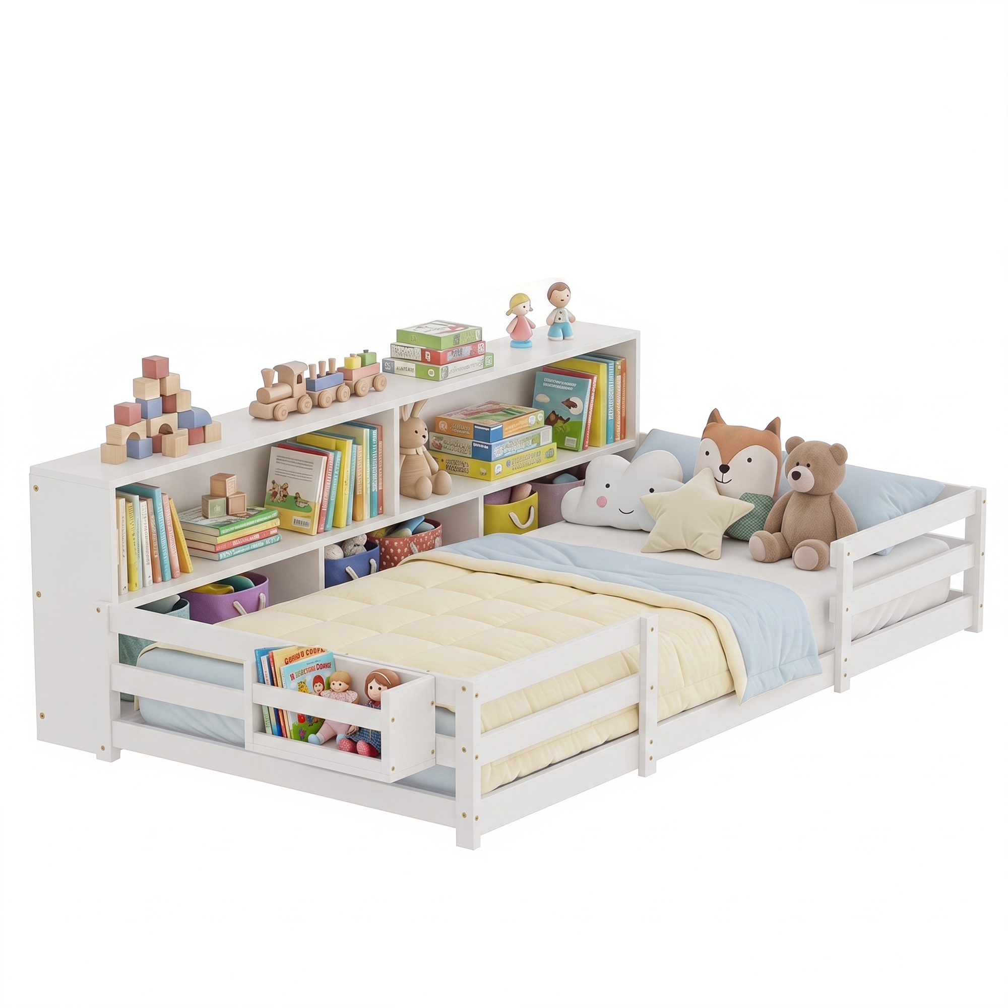 Guqiart Twin Wooden Montessori Floor Bed with Bookcase Storage, Safety Guardrails & Bedside Shelves, 2-in-1 Kids Bed