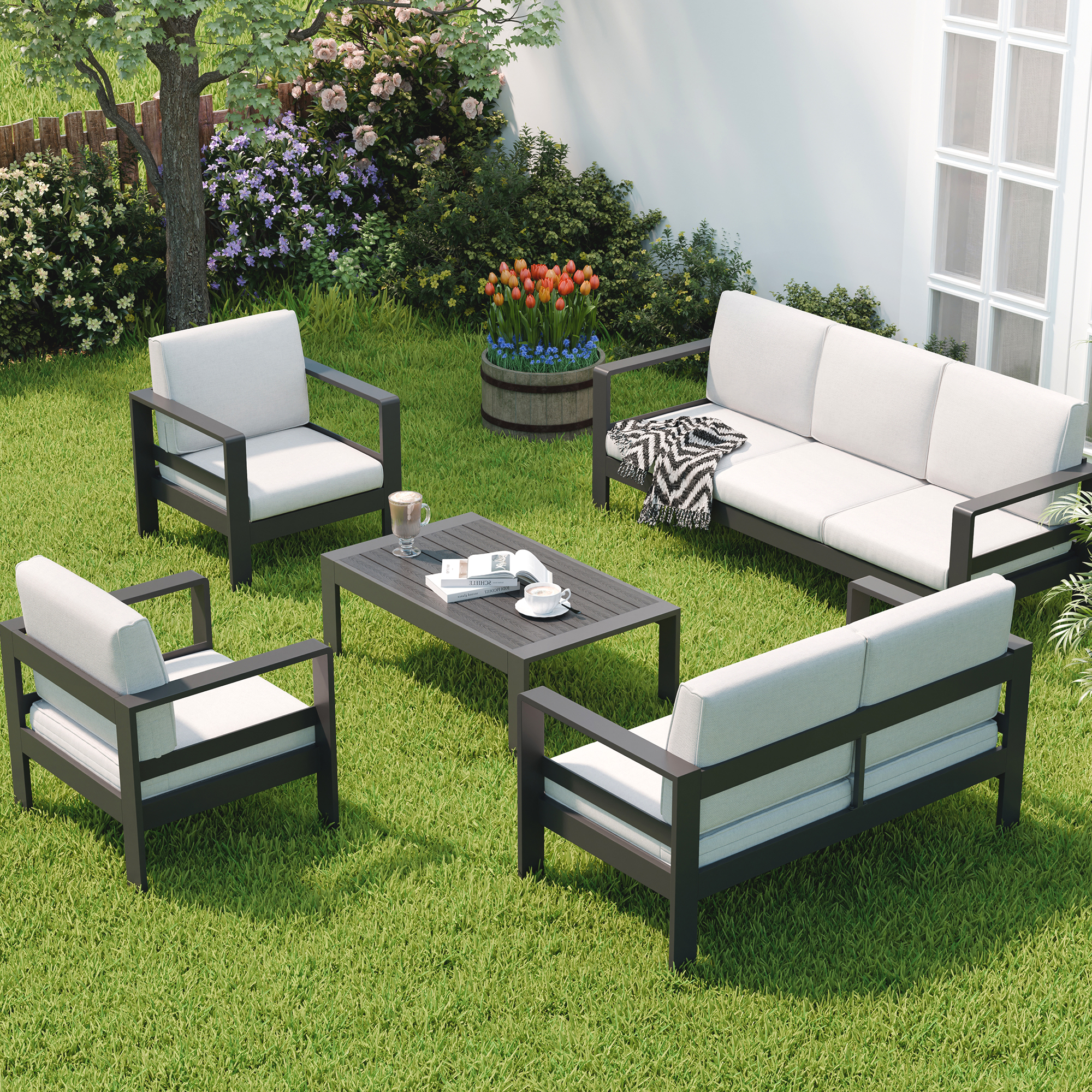 Guqiart Aluminum Patio Conversation Set,5 Pieces All Weather Outdoor Metal Modern Oversized Sectional Sofa Couch Outdoor Furniture for Backyard,Porch,Garden,Balcony,Deck