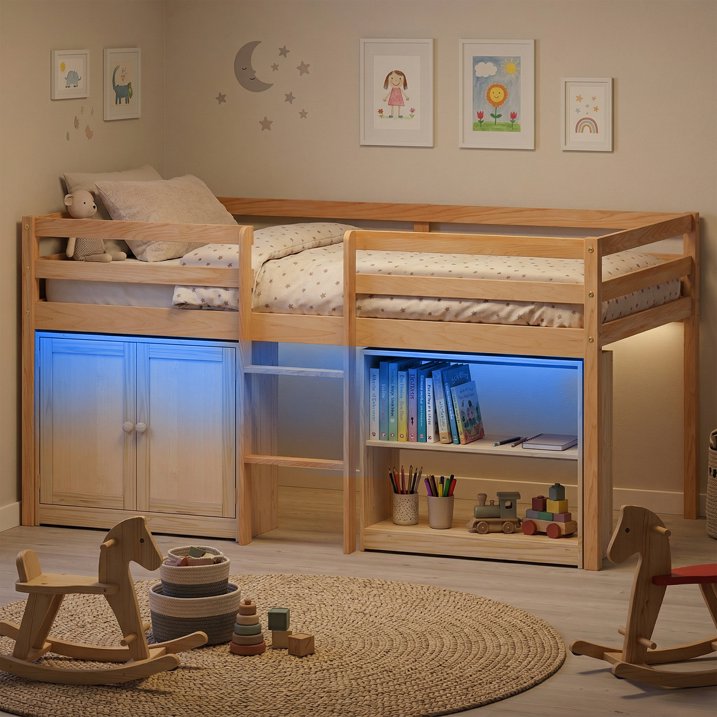 Guqiart Twin Low Loft Bed for Kids with Lights, Modern Toddler Loft Bed for Boys Girls,Safety Guardrail, Bookcase Storage & Play Space
