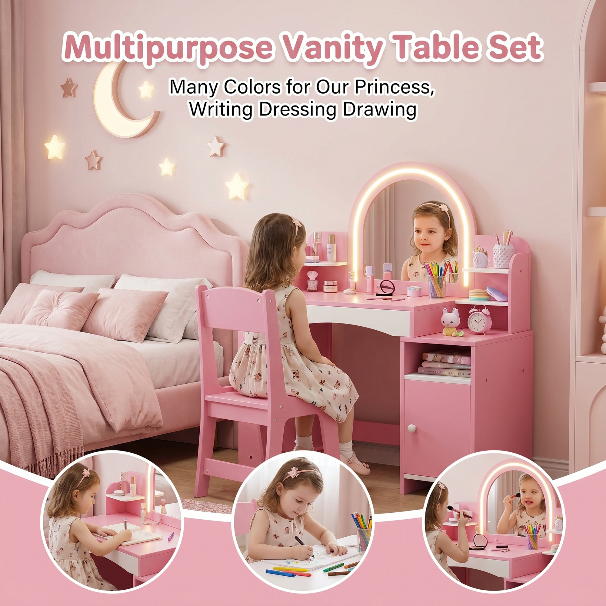 Kids Vanity with Lights, Princess Makeup Vanity Desk with Open Bookshelf, Storage Cabinet