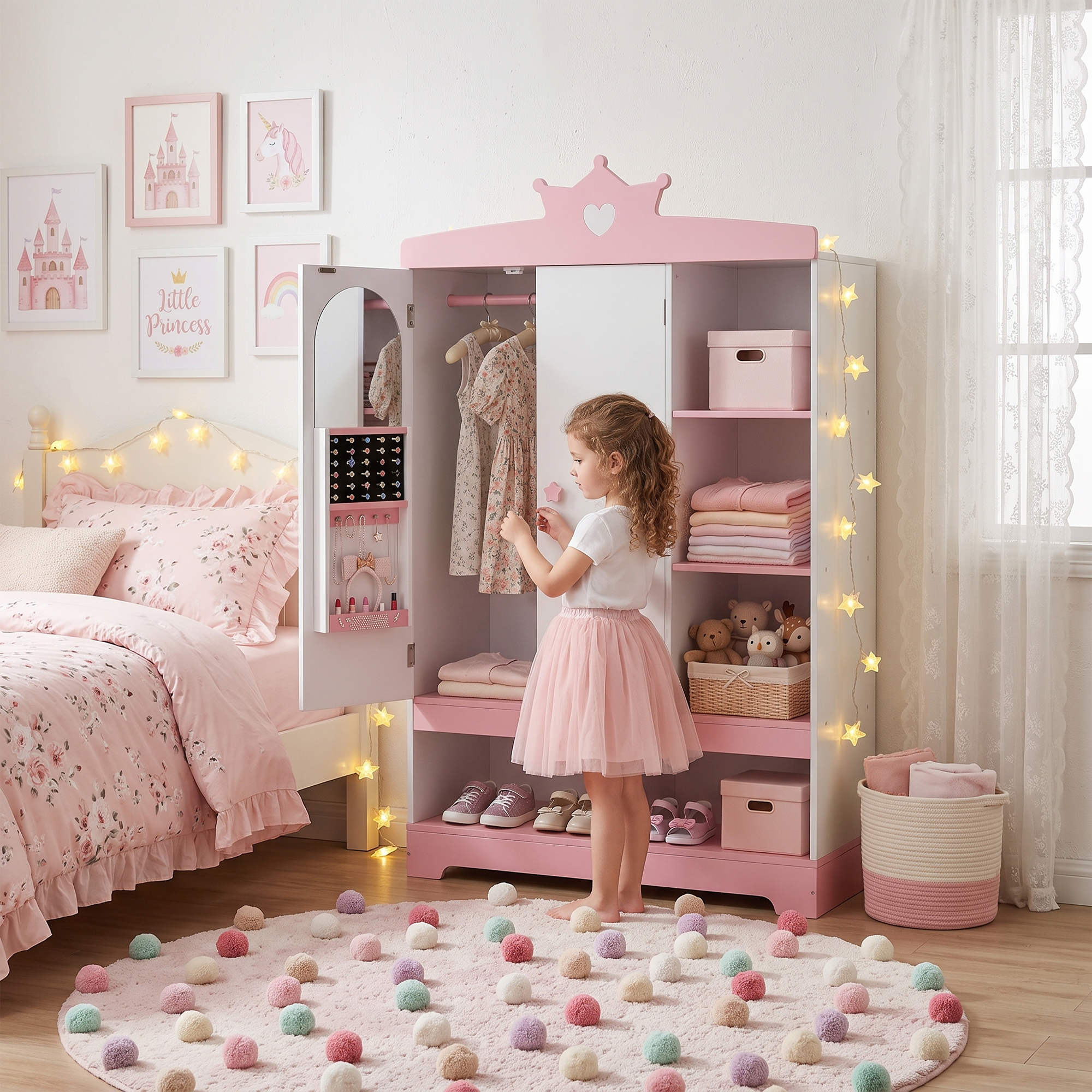 Guqiart Kids Dress Up Armoire Wardrobe for Little Girls, Princess Costume Storage Closet with Mirror, Jewelry Cabinet, Hanging Rack, Shelves & Door, Bedroom Kids Costume Organizer