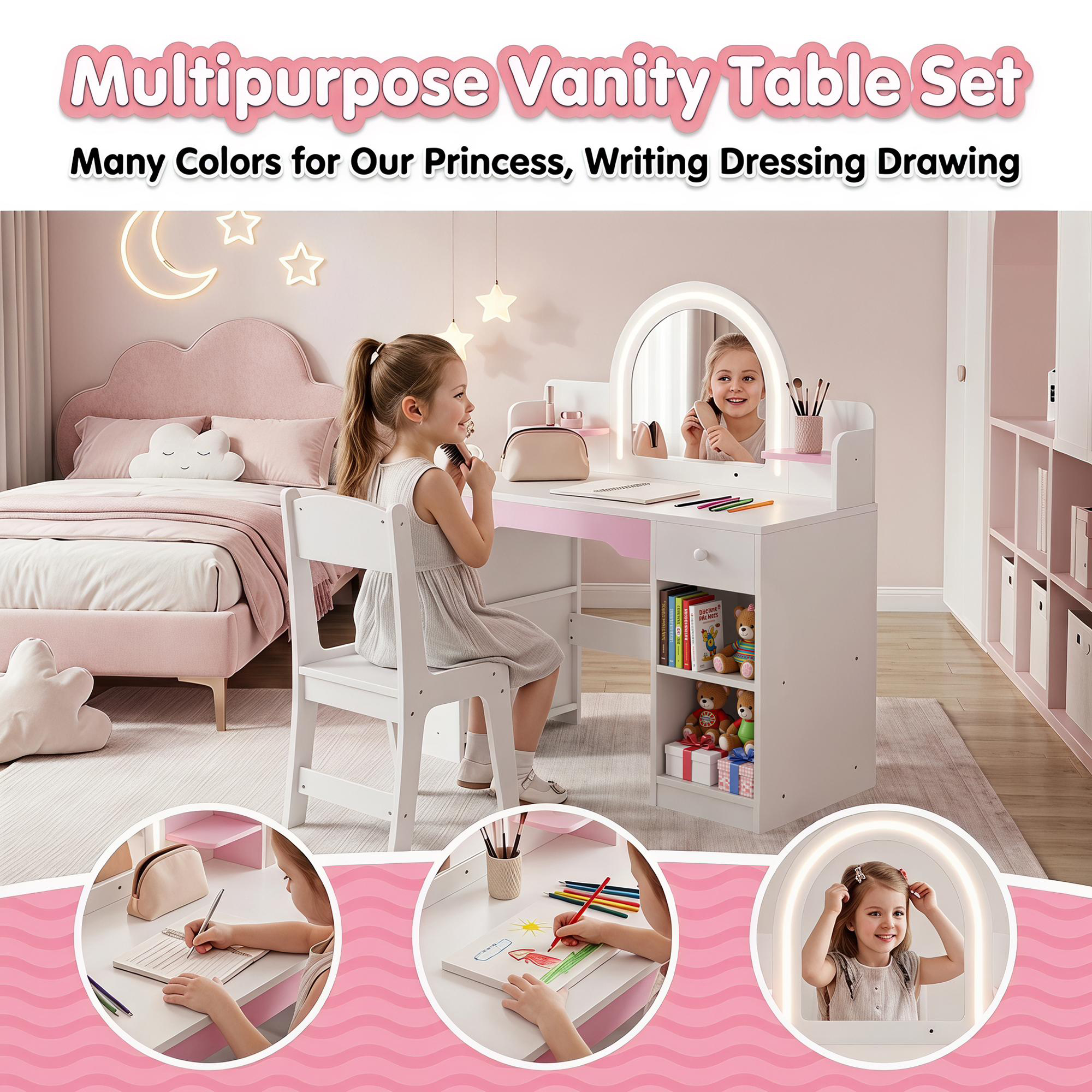 Guqiart Kids Vanity Set with Lighted Mirror and Stool, White