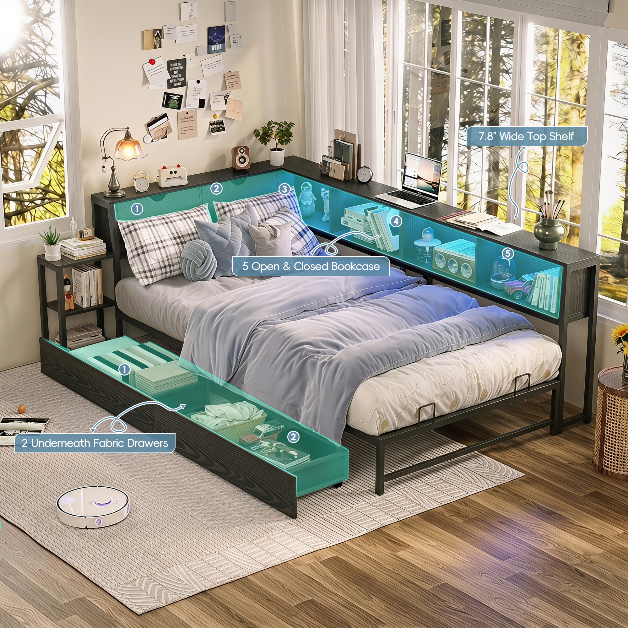 Guqiart Twin Corner RGB LED Lights Metal Daybed,Twin Size Metal Platform Bed Frame with Drawers