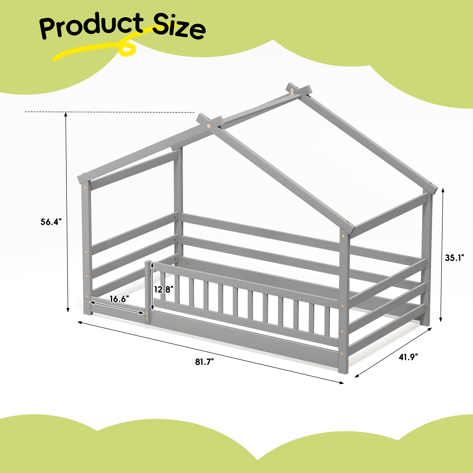 Guqiart Twin Size Wooden Floor Bed Frame with Safety Fence - Low Montessori Bed for Kids, No Box Spring Required