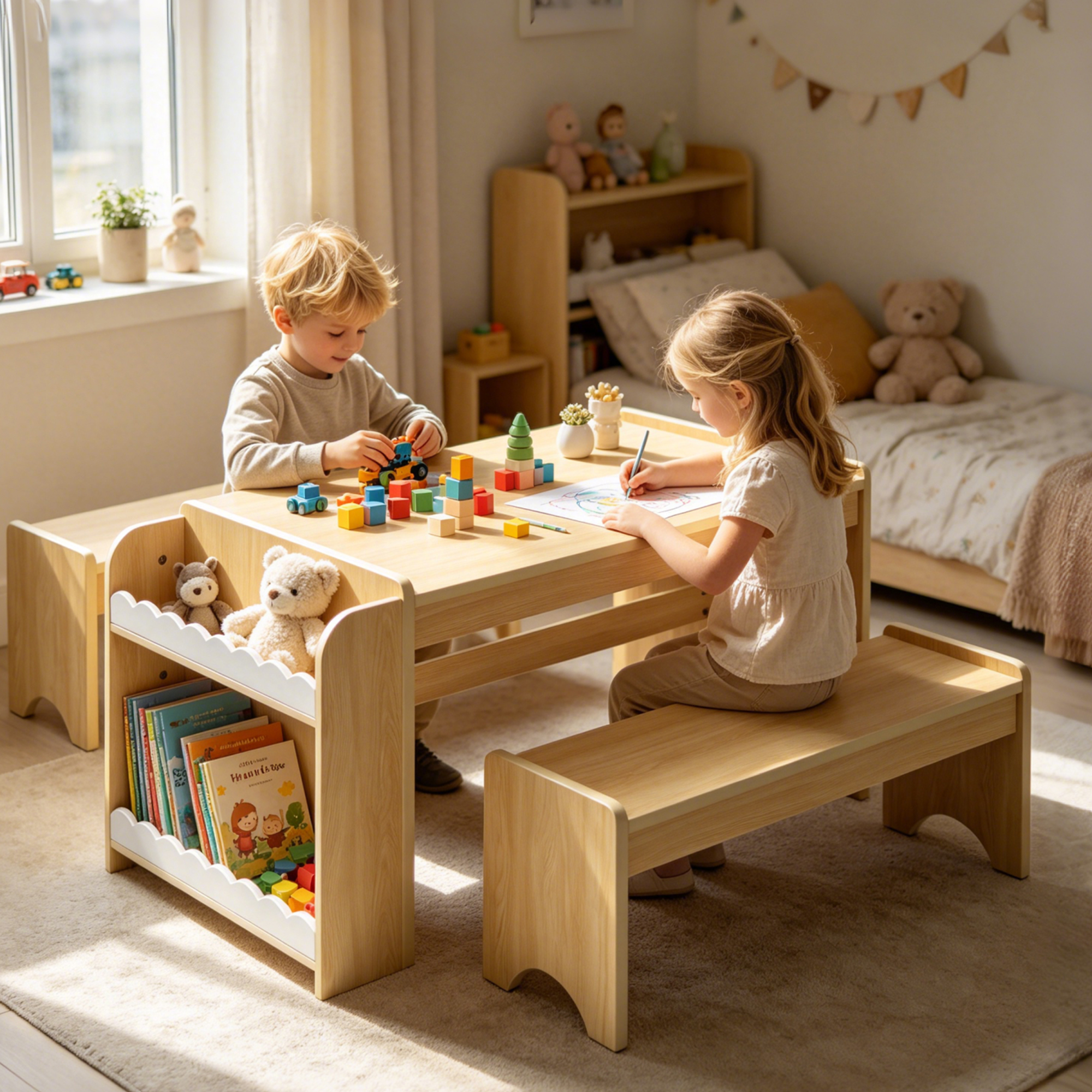 Kids Activity Table and Chair Set, Kids Table and Bench Set,With Storage, for Home, Classroom, Boys, Girls