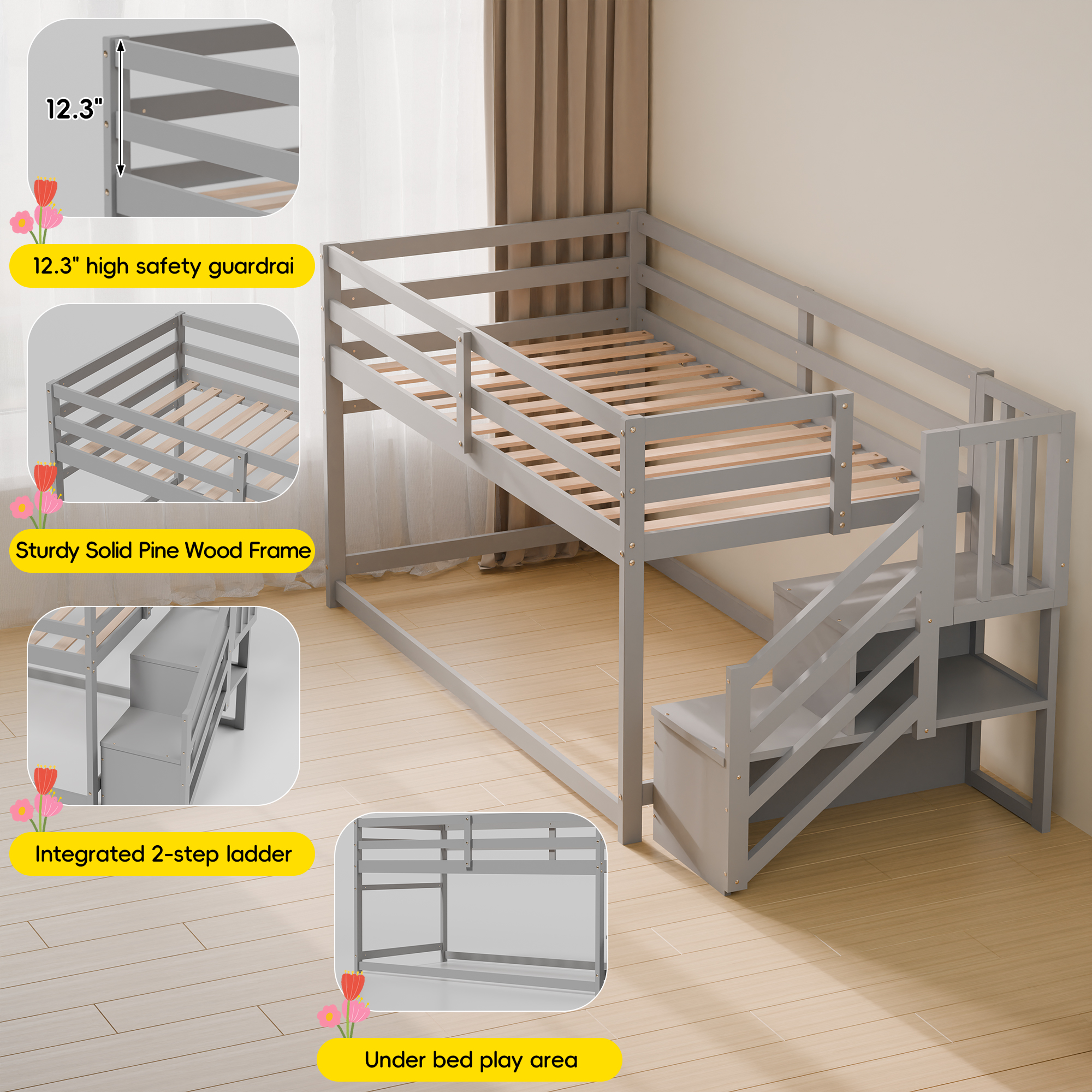 Guqiart Twin Over Twin Low Wooden Bunk Bed with Storage Stairs, Safety Guardrails & Hanging Bar, Bunk Bed Frame for Kids Boys Girls Juniors