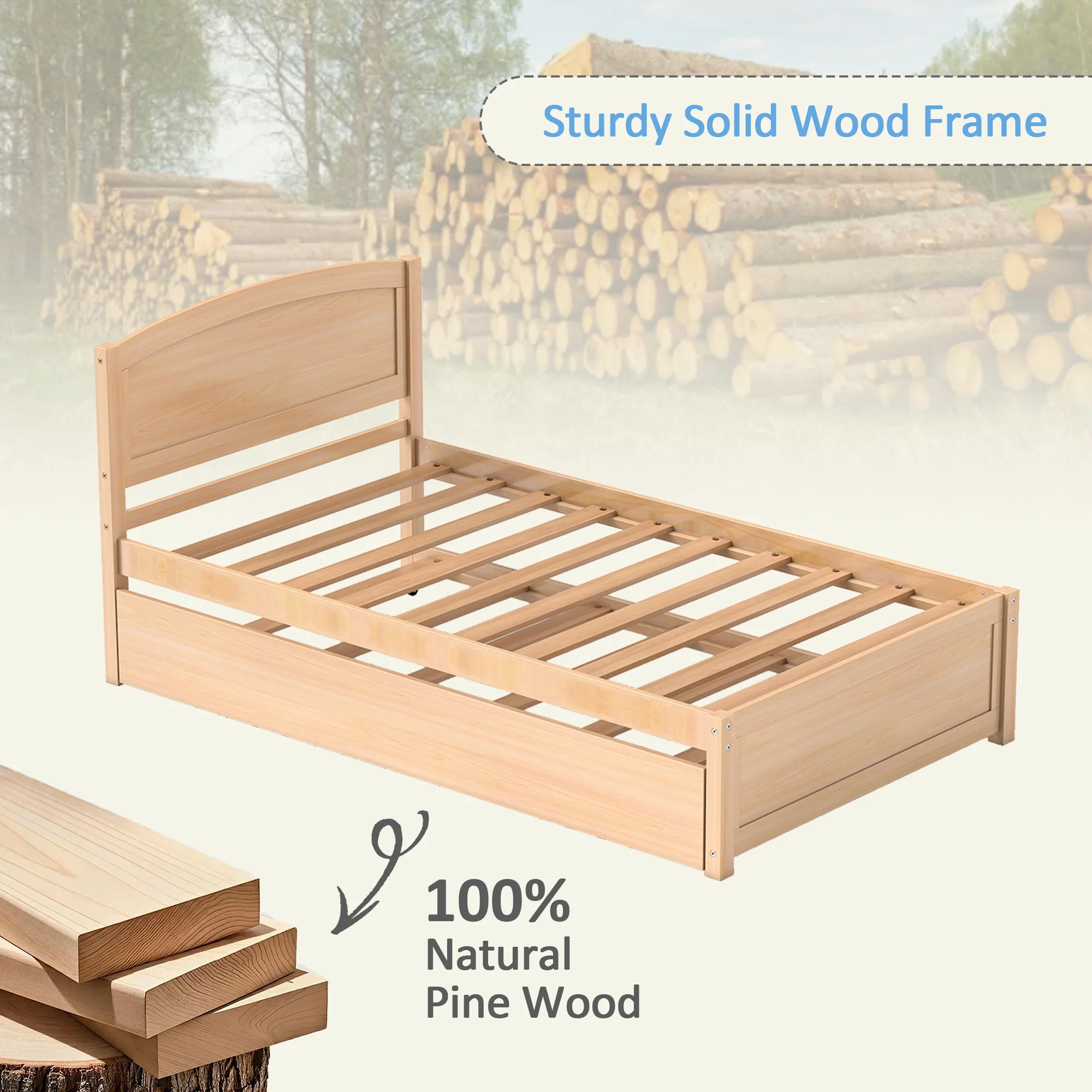 Guqiart Twin Size Trundle Bed Frame, Solid Wood Construction with Headboard, Roll Out Trundle & Wood Slat Support, Single Platform Bed No Box Spring Needed