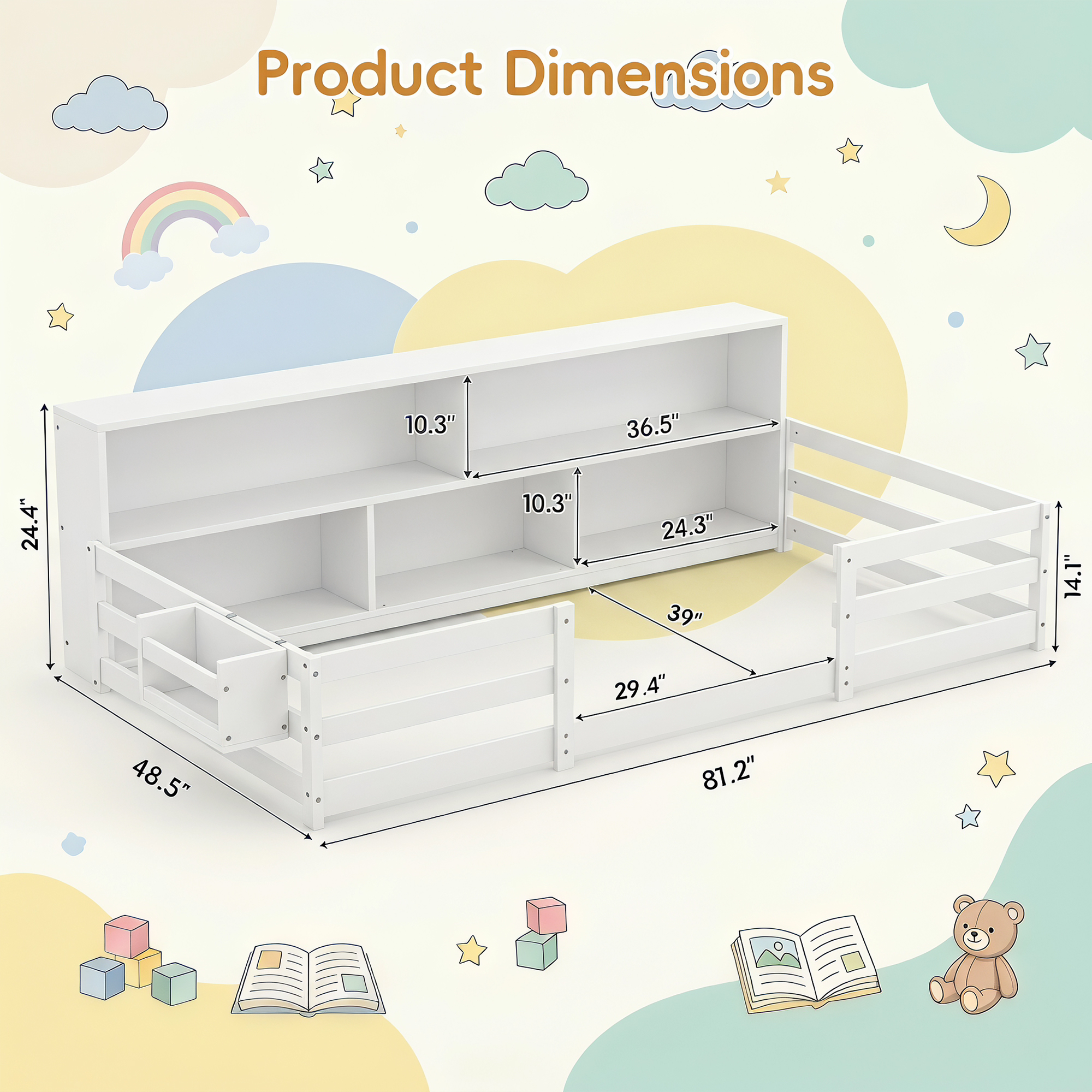 Guqiart Twin Wooden Montessori Floor Bed with Bookcase Storage, Safety Guardrails & Bedside Shelves, 2-in-1 Kids Bed