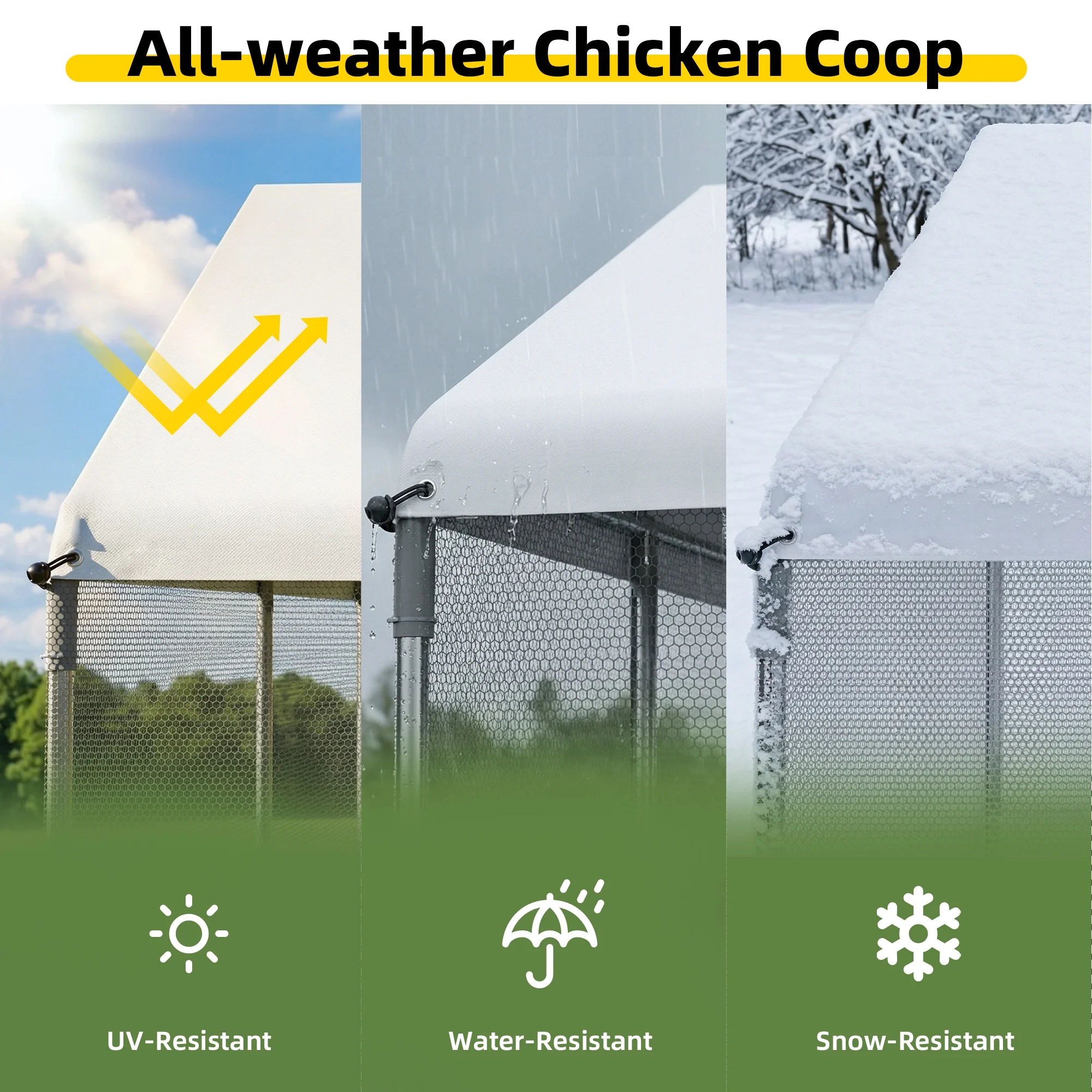 Guqiart Large Metal Chicken Coop, Walk-in Chicken Run with Tri-Supporting Wire Mesh, Waterproof & Anti-UV Cover, Spire Roof Outdoor Cage for Chicken Duck Rabbit, 10’ W x 13’ L x 6.5’ H
